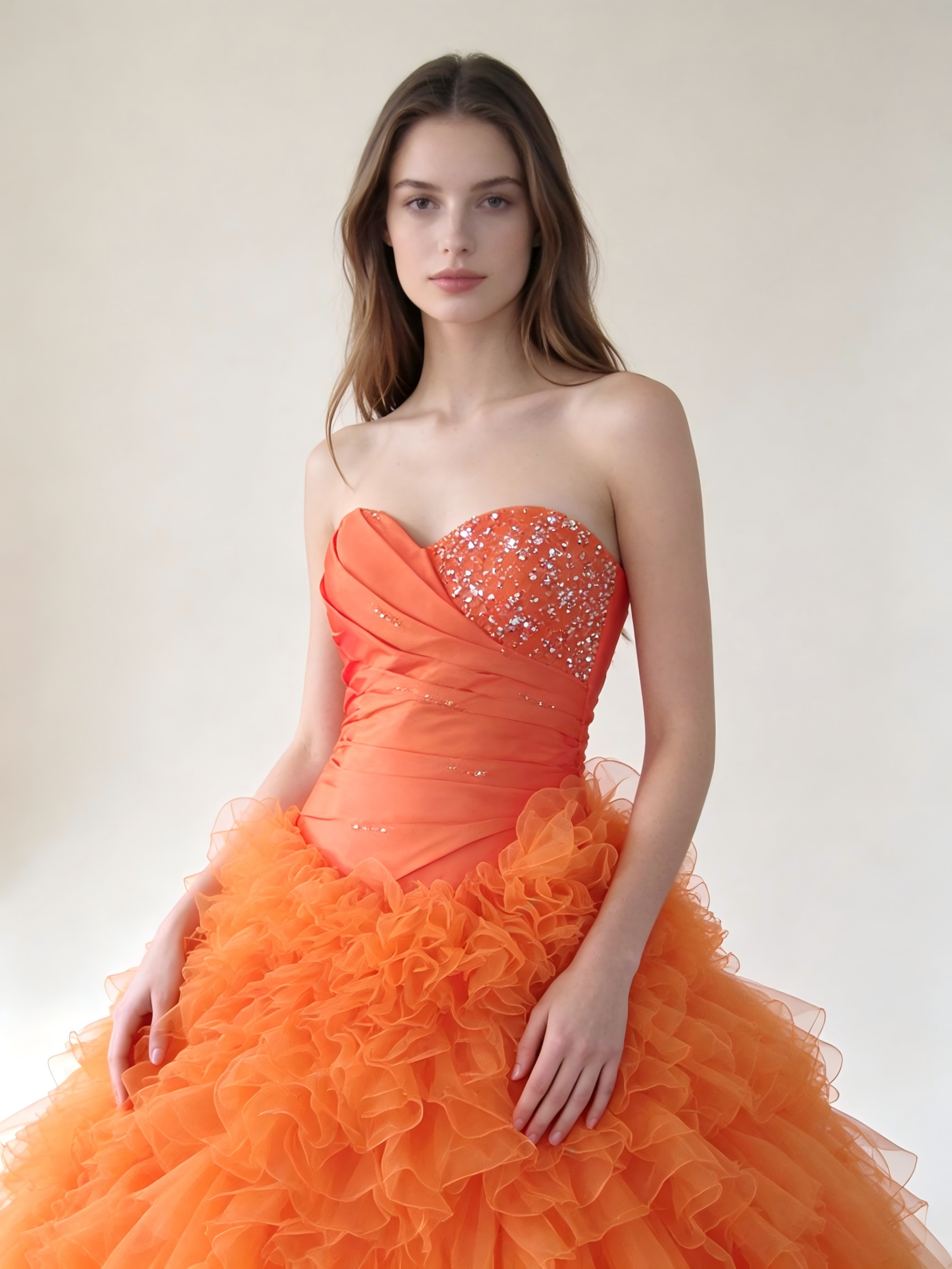Orange Quinceanera Ball Gown | Sweetheart Ombre Dress with Crystal Beading & Ruffled Tulle