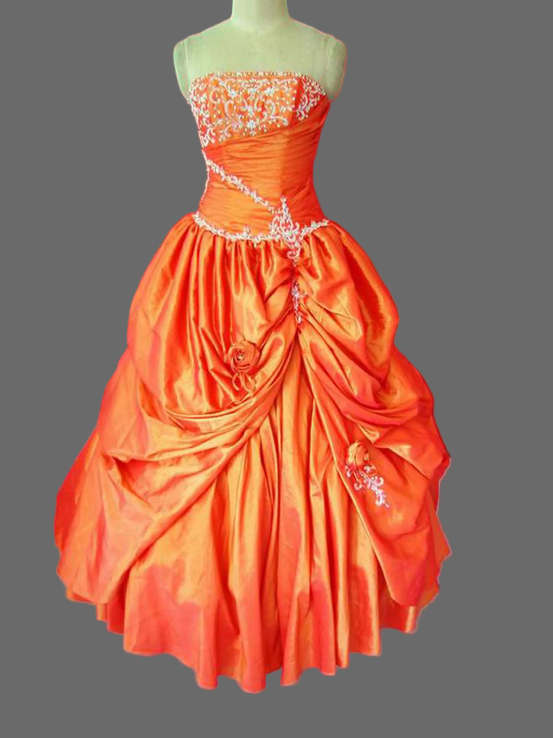 Orange Strapless Embroidered Lace Applique Taffeta Pick-Up Ball Gown for Quinceanera Prom and Wedding