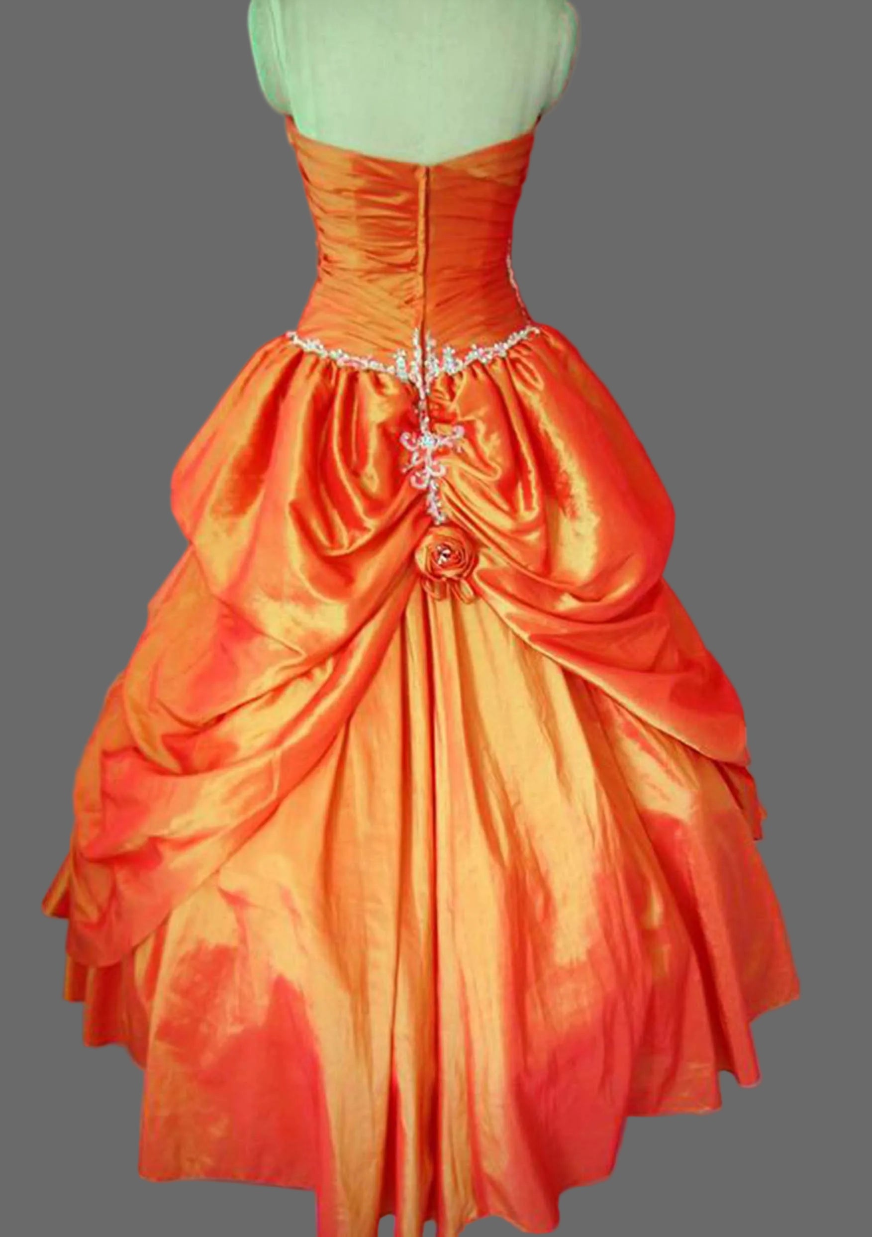 Orange Strapless Embroidered Lace Applique Taffeta Pick-Up Ball Gown for Quinceanera Prom and Wedding