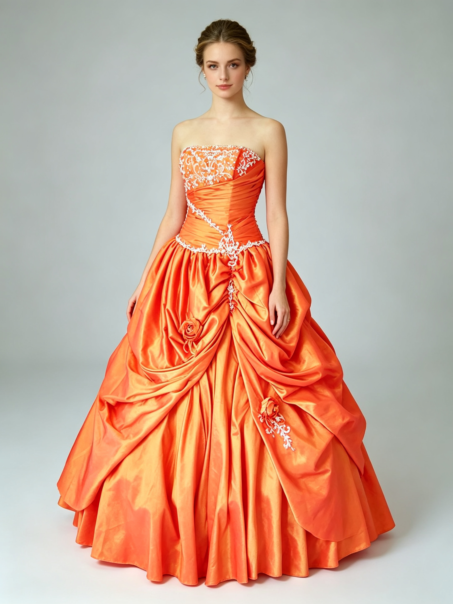 Orange Strapless Embroidered Lace Applique Taffeta Pick-Up Ball Gown for Quinceanera Prom and Wedding