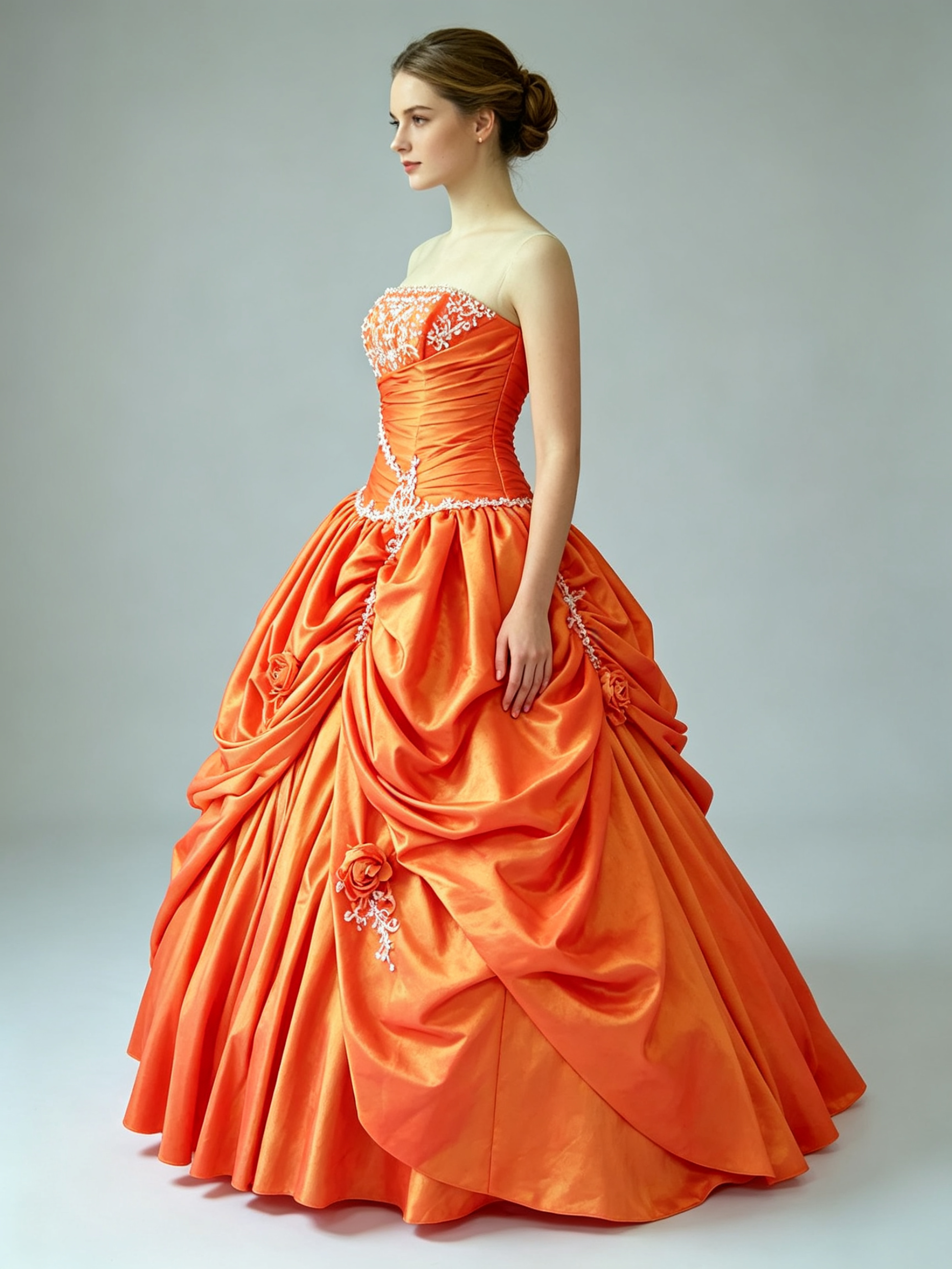 Orange Strapless Embroidered Lace Applique Taffeta Pick-Up Ball Gown for Quinceanera Prom and Wedding