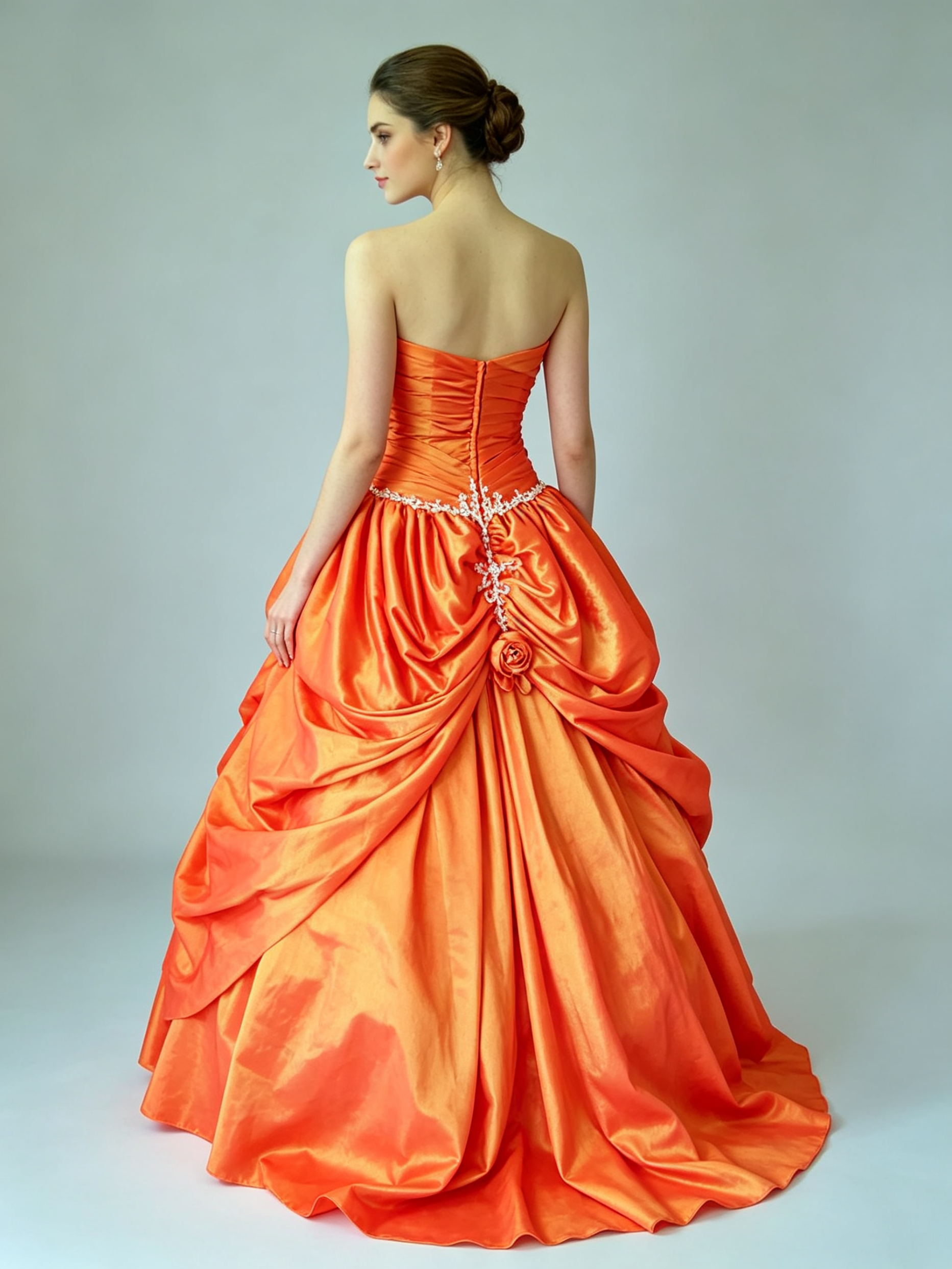 Orange Strapless Embroidered Lace Applique Taffeta Pick-Up Ball Gown for Quinceanera Prom and Wedding