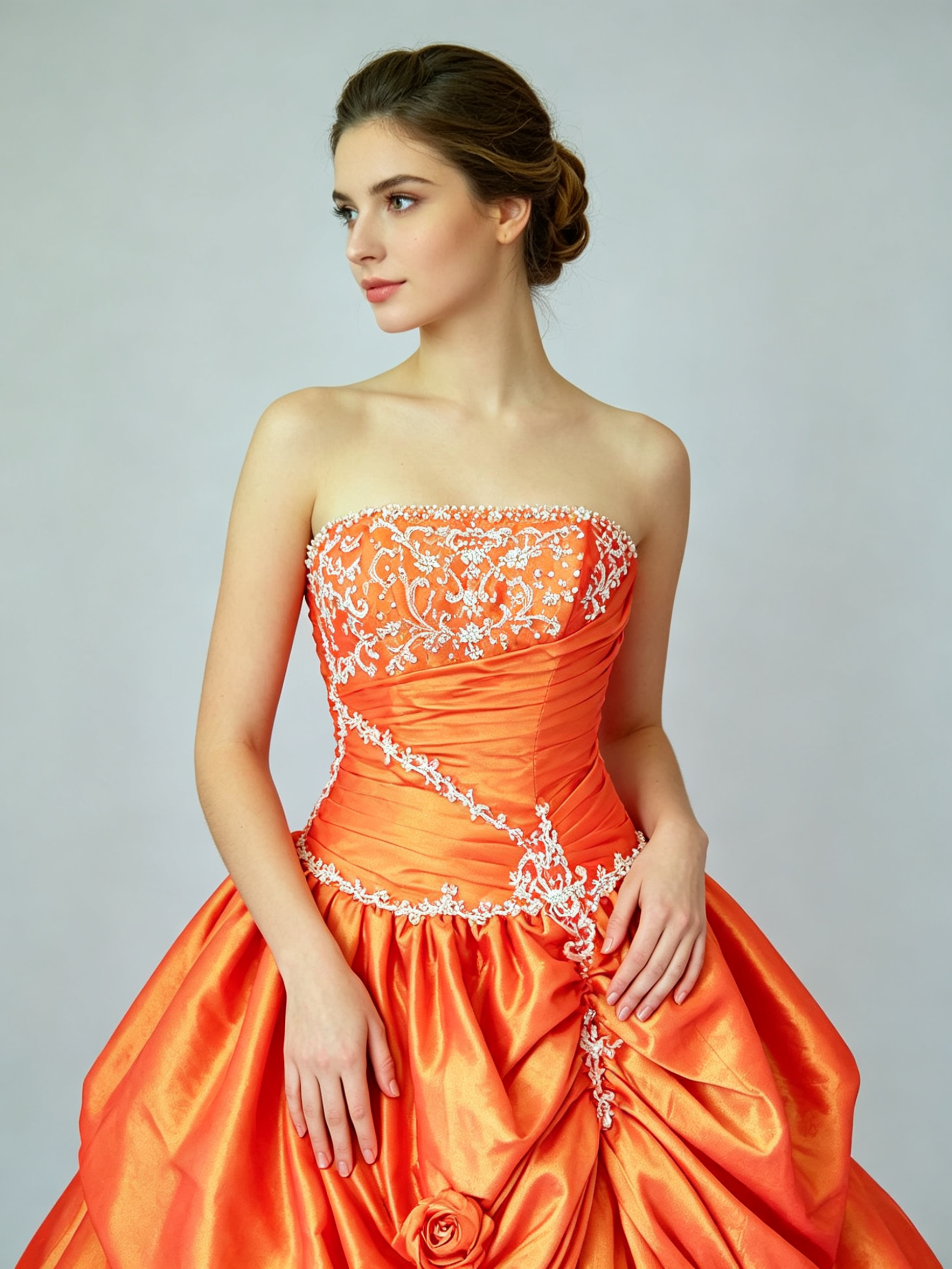 Orange Strapless Embroidered Lace Applique Taffeta Pick-Up Ball Gown for Quinceanera Prom and Wedding