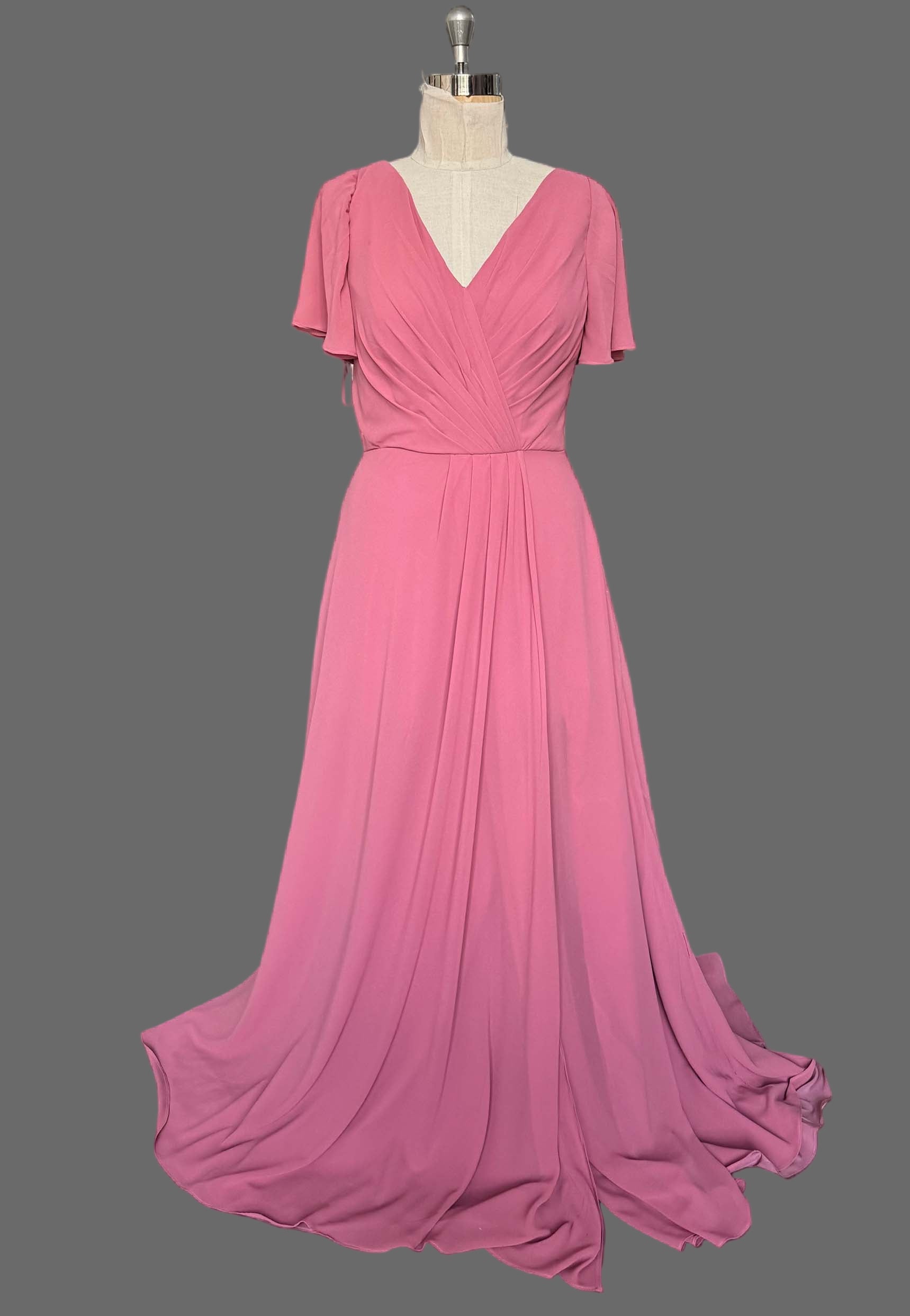 Pink Chiffon Bridesmaid Dress - V-Neck Flutter Sleeve A-Line Floor Length Gown