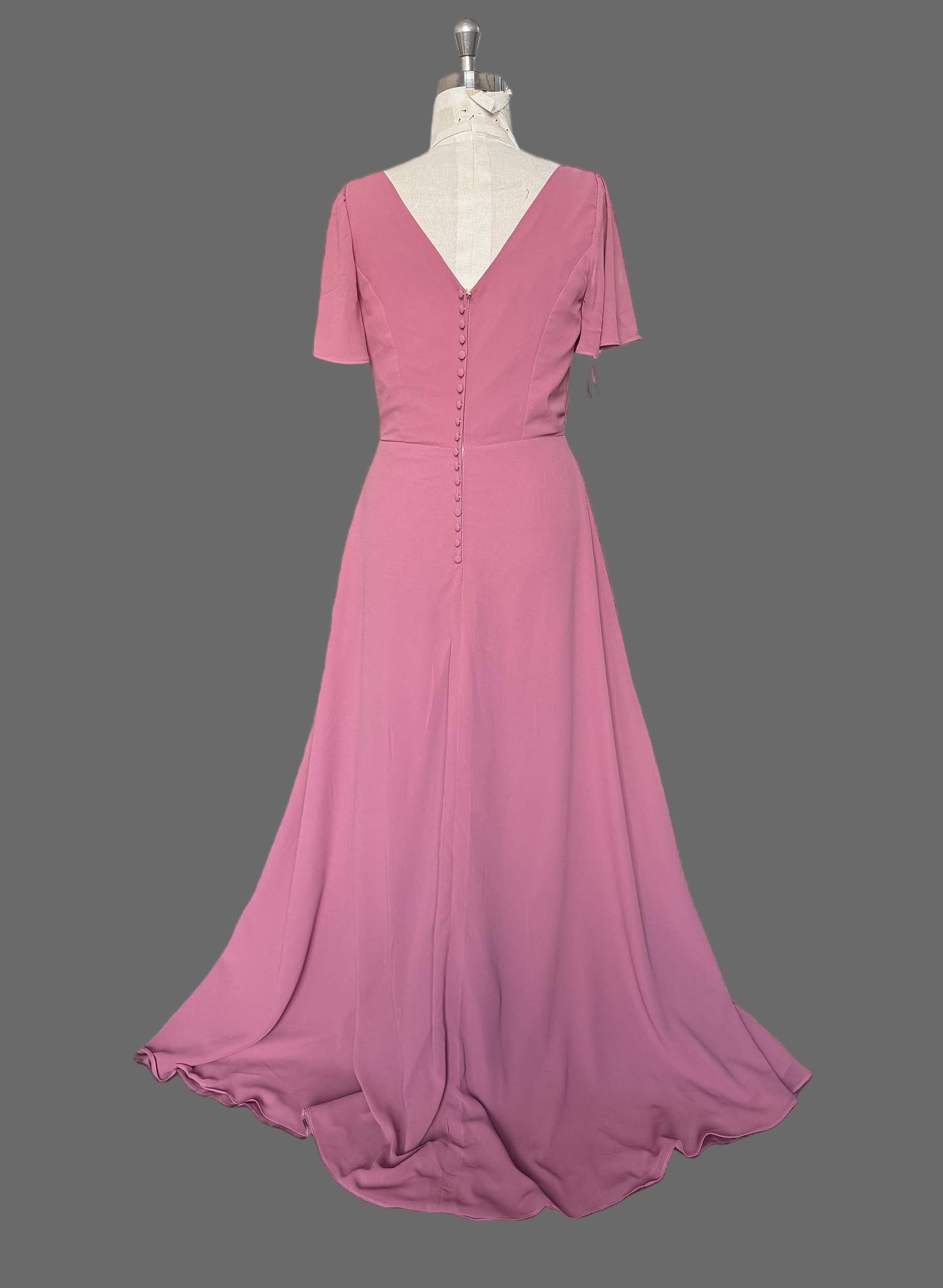 Pink Chiffon Bridesmaid Dress - V-Neck Flutter Sleeve A-Line Floor Length Gown
