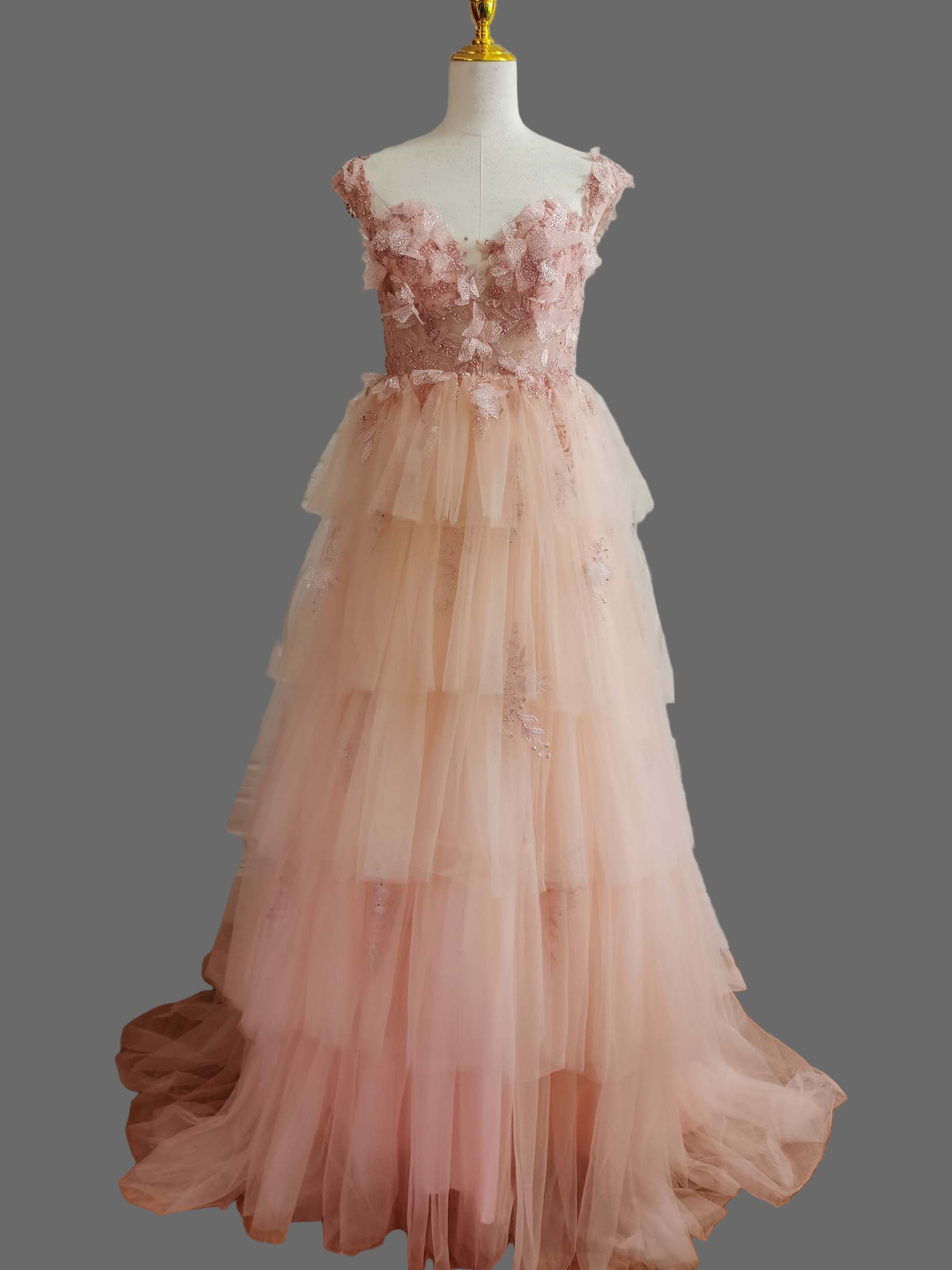Pink Floral Applique Tulle Evening Dress -A-Line Formal Gown with Train
