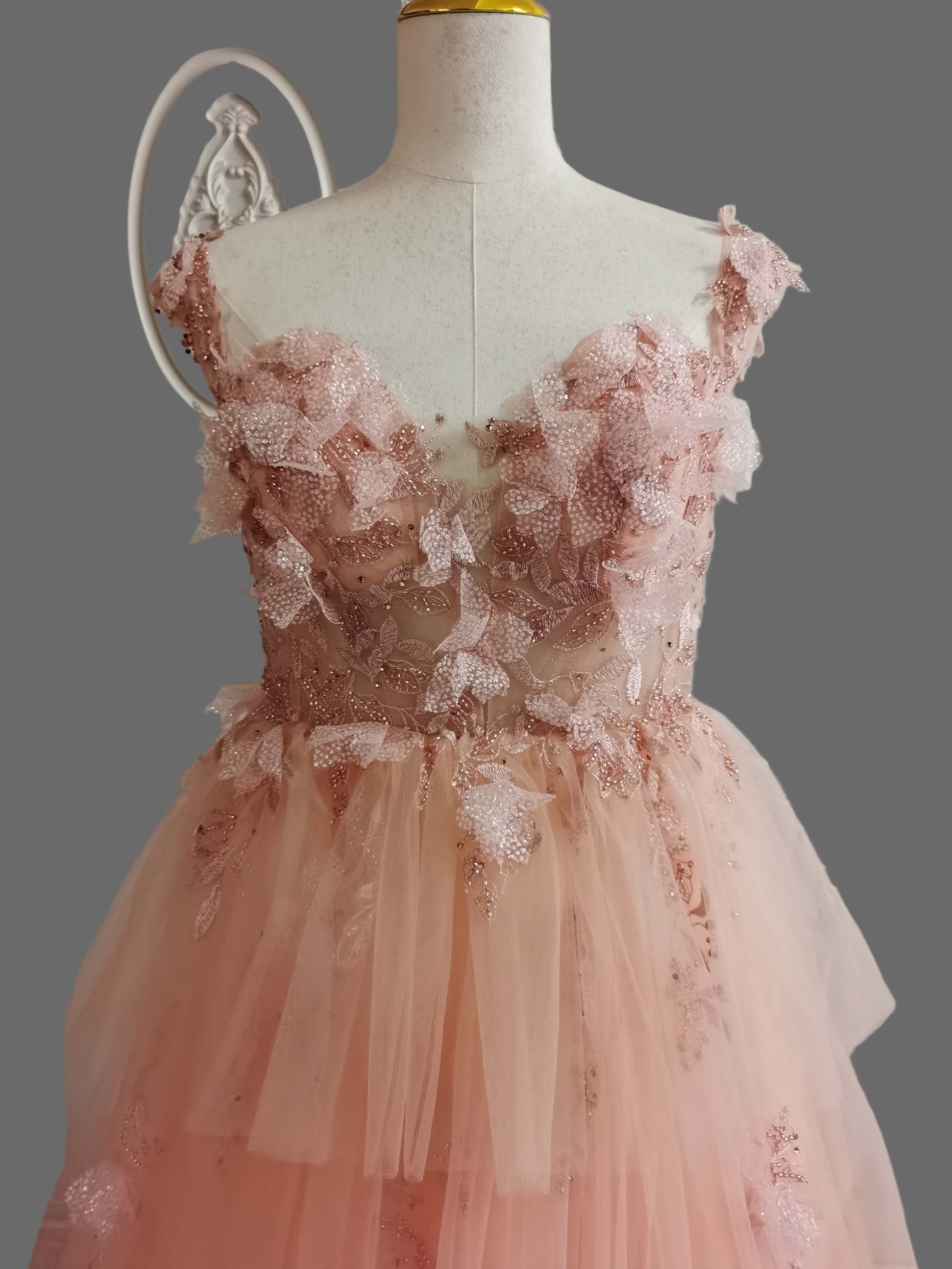 Pink Floral Applique Tulle Evening Dress -A-Line Formal Gown with Train