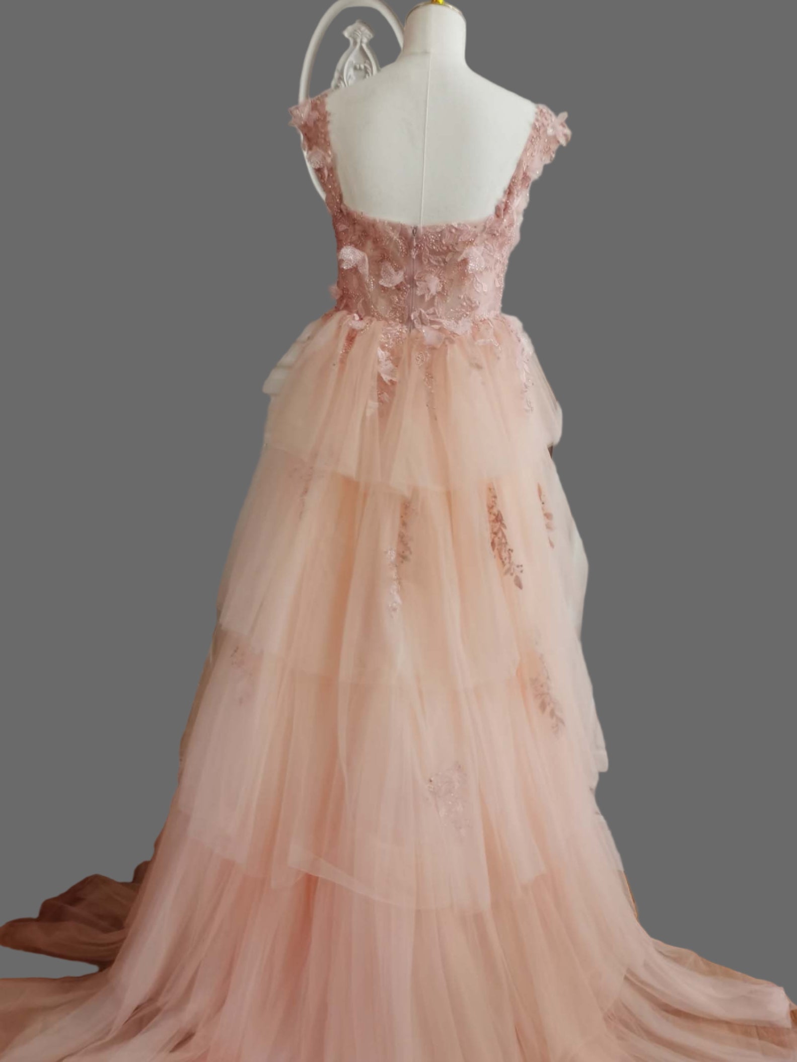 Pink Floral Applique Tulle Evening Dress -A-Line Formal Gown with Train