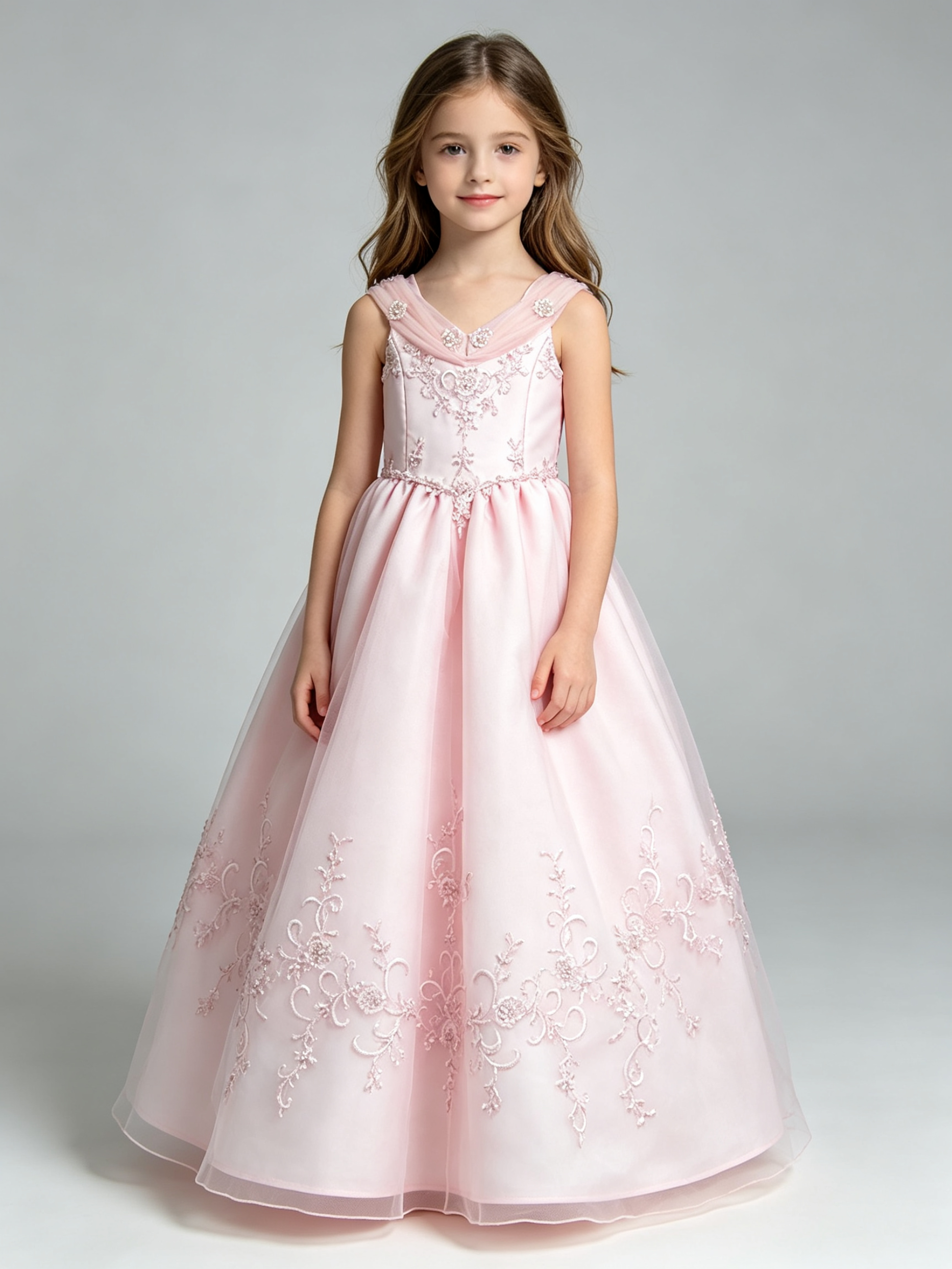 Pink Flower Girl Dress with Beaded Lace Applique – Ball Gown for Wedding & Pageant