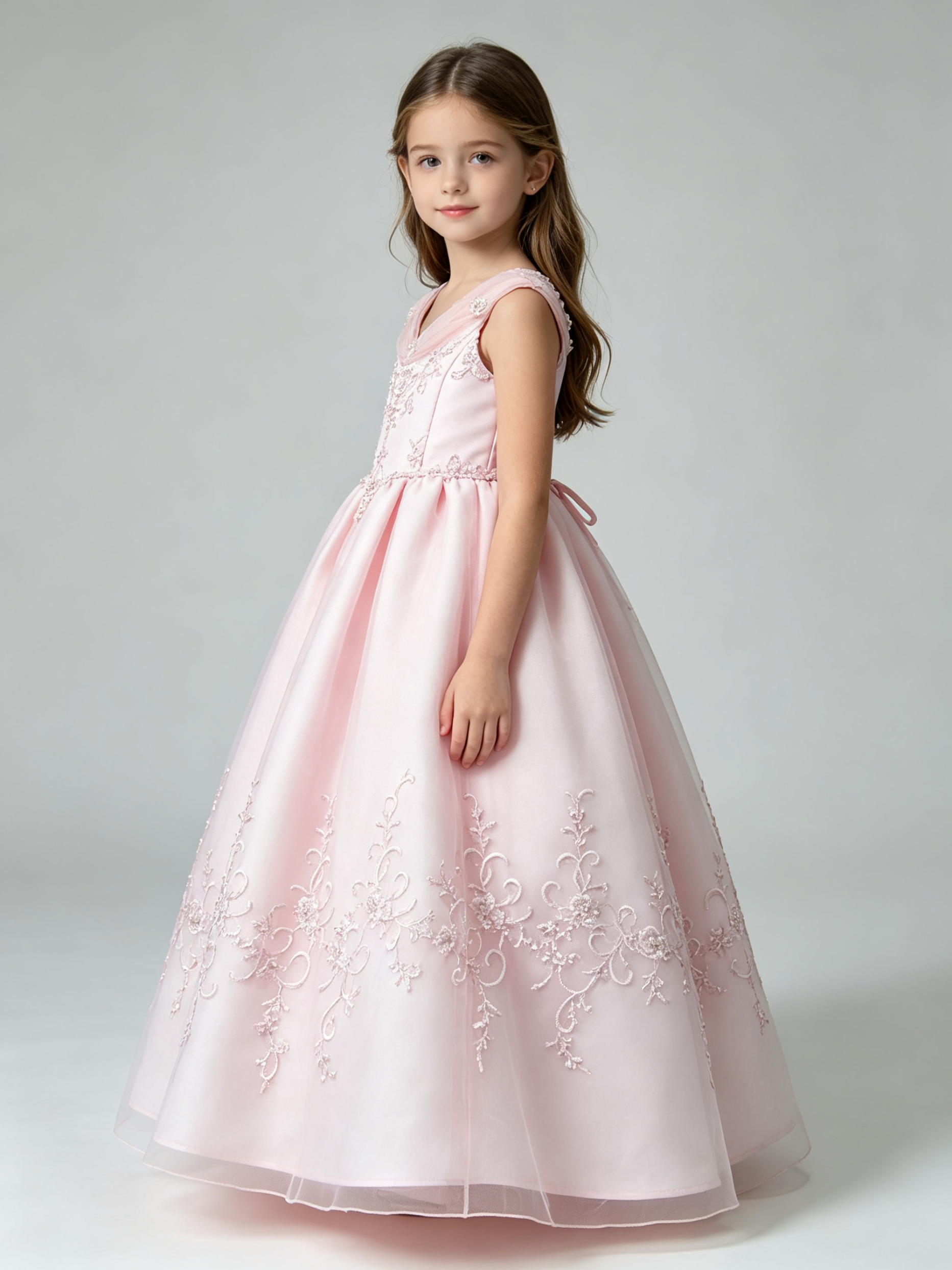 Pink Flower Girl Dress with Beaded Lace Applique – Ball Gown for Wedding & Pageant