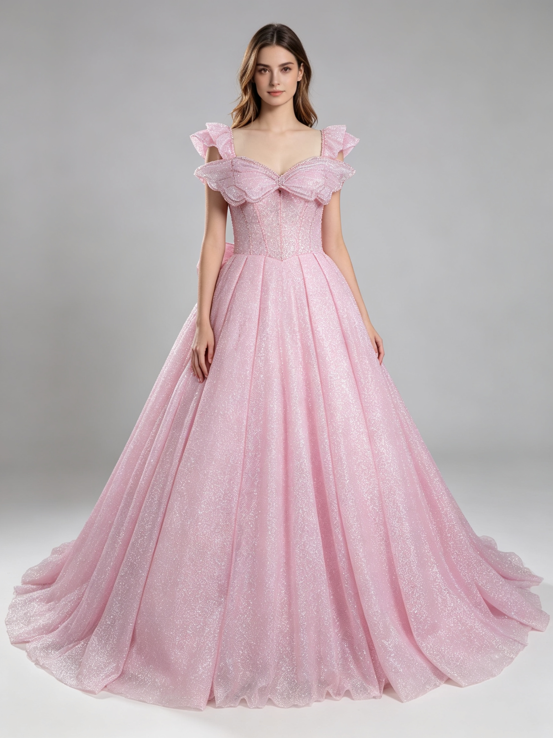 Pink Sparkle Ball Gown Wedding Dress with Ruffled Off-Shoulder Sleeves
