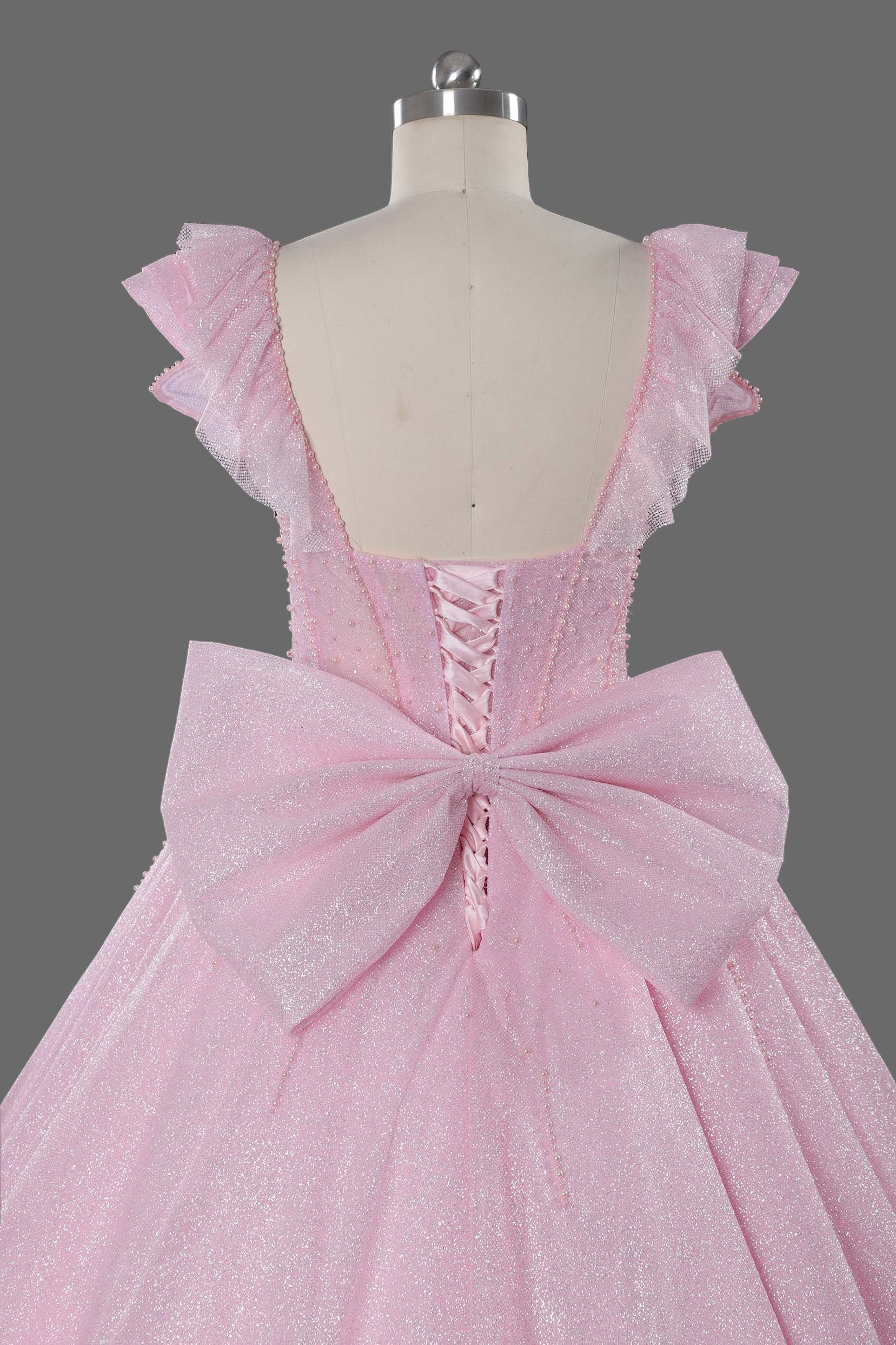 Pink Sparkle Ball Gown Wedding Dress with Ruffled Off-Shoulder Sleeves