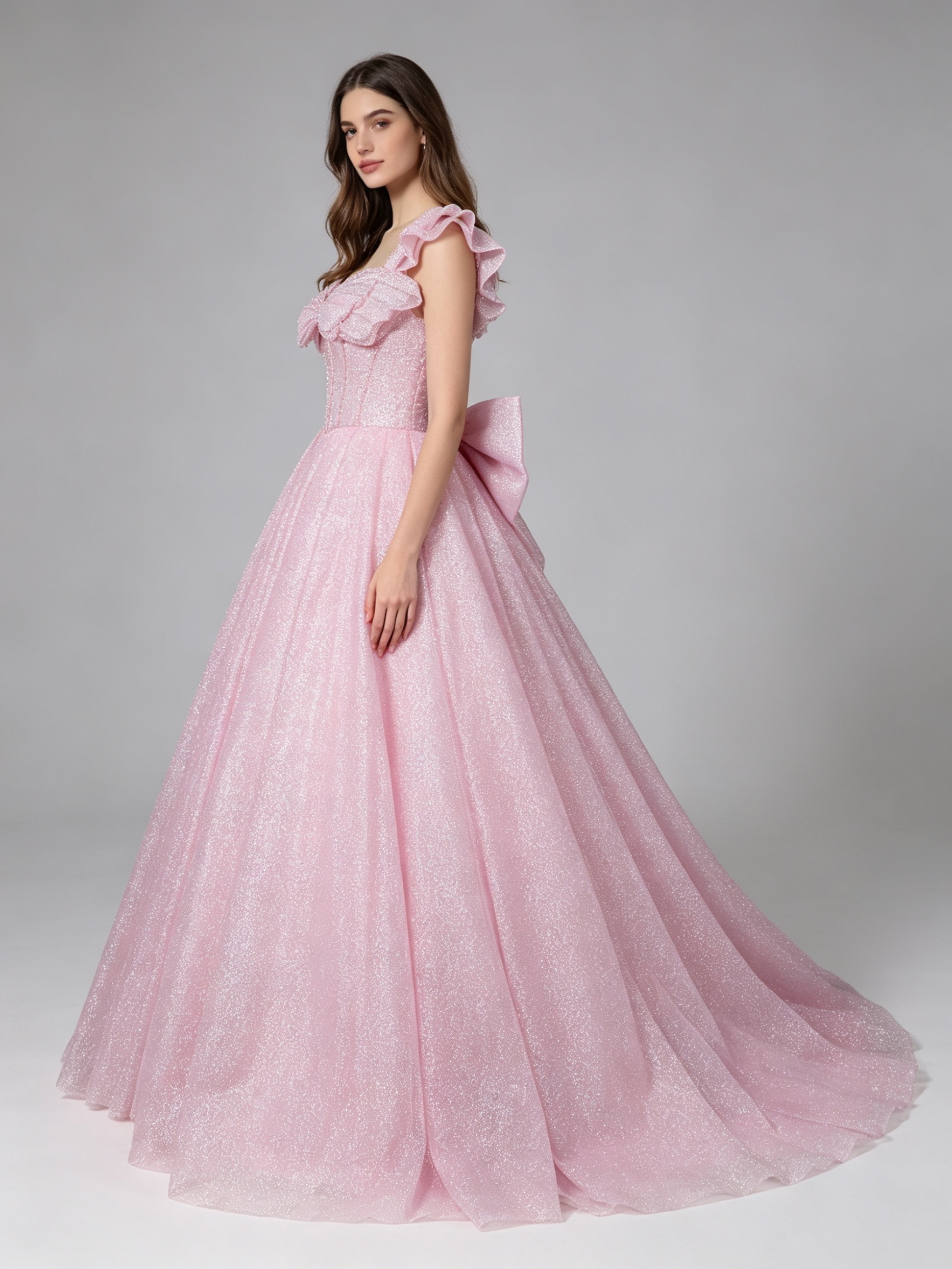 Pink Sparkle Ball Gown Wedding Dress with Ruffled Off-Shoulder Sleeves