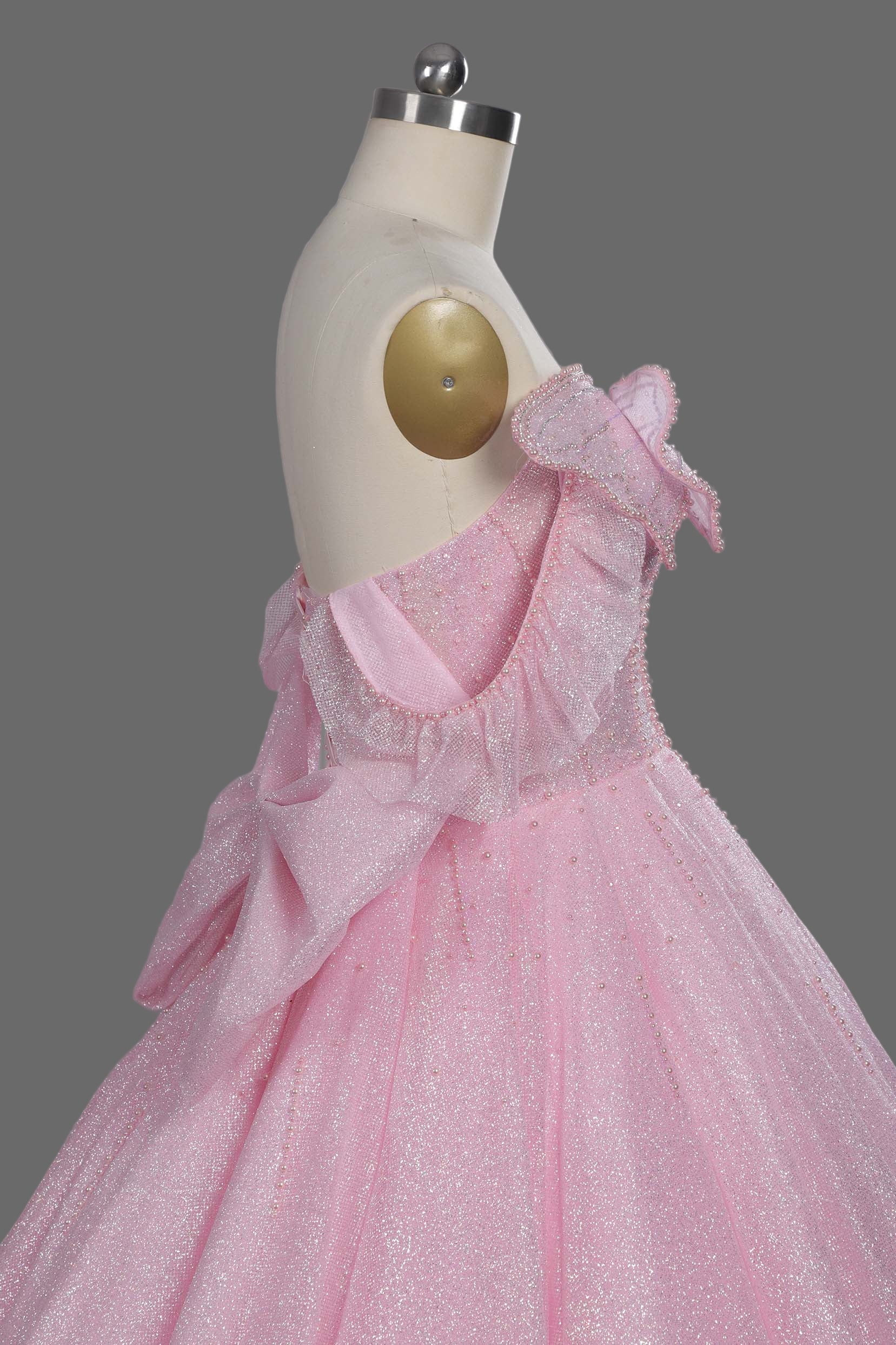 Pink Sparkle Ball Gown Wedding Dress with Ruffled Off-Shoulder Sleeves