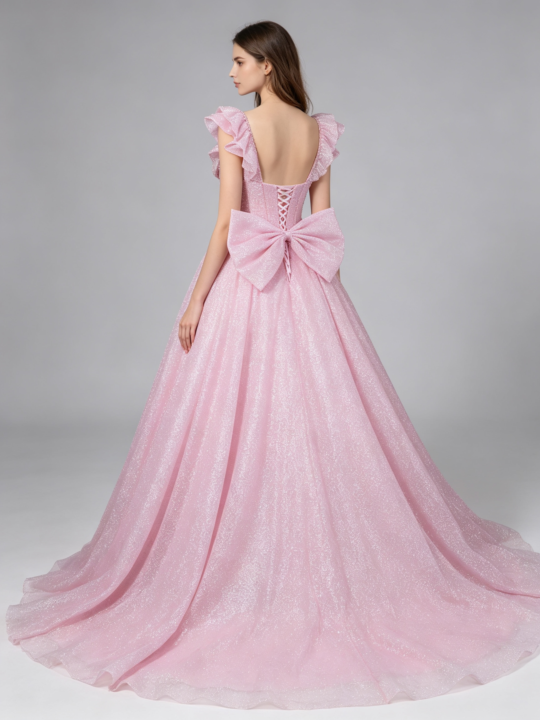 Pink Sparkle Ball Gown Wedding Dress with Ruffled Off-Shoulder Sleeves