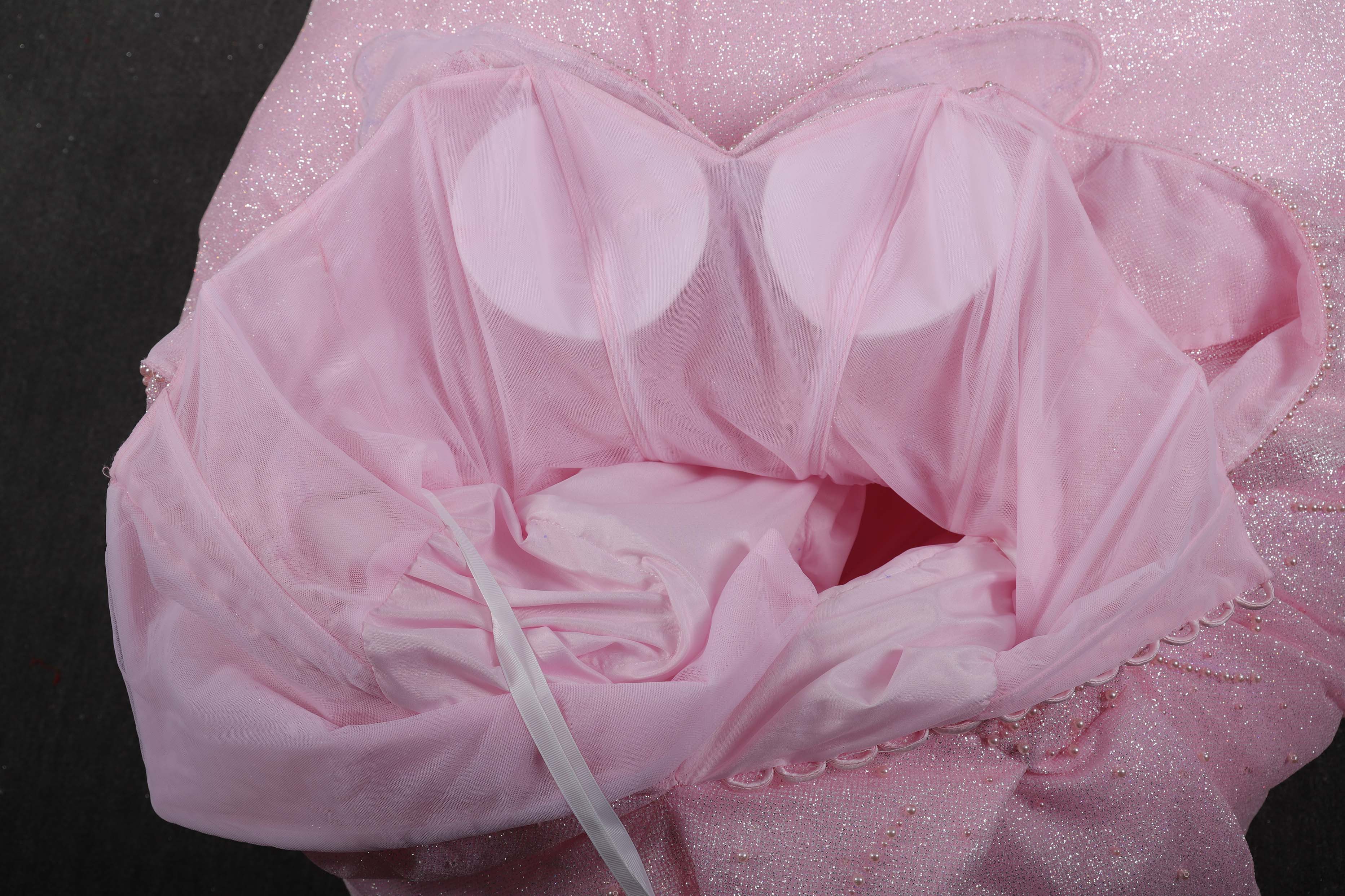 Pink Sparkle Ball Gown Wedding Dress with Ruffled Off-Shoulder Sleeves