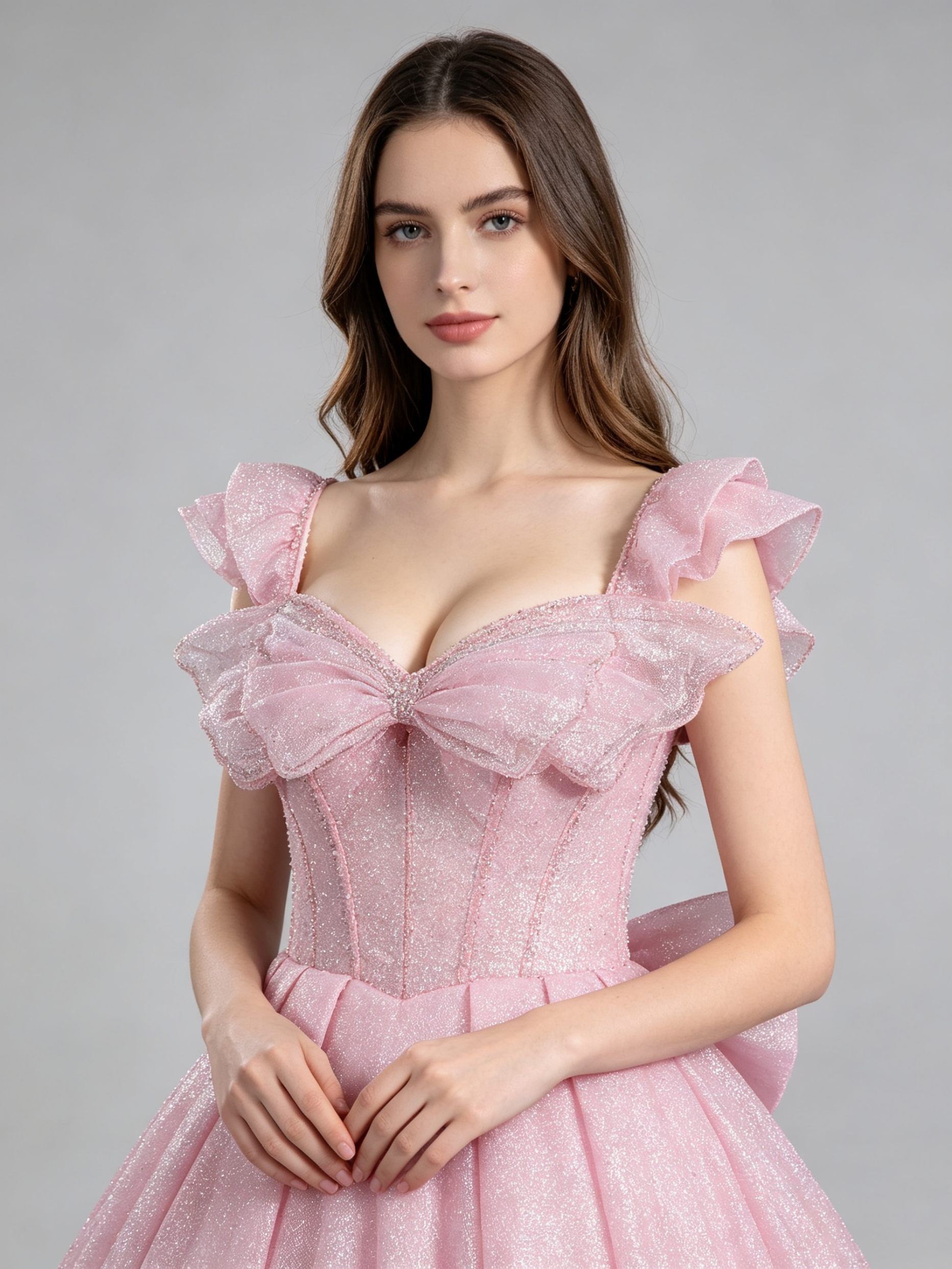 Pink Sparkle Ball Gown Wedding Dress with Ruffled Off-Shoulder Sleeves