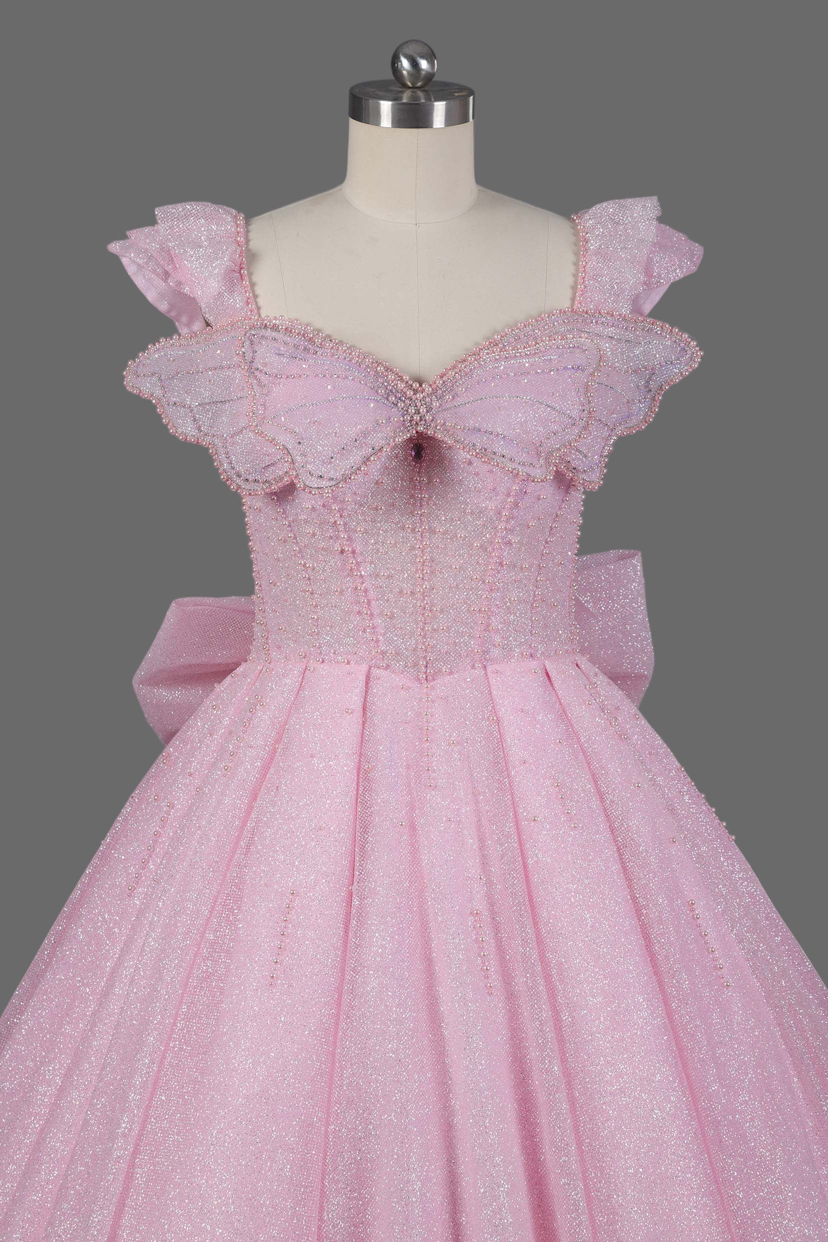 Pink Sparkle Ball Gown Wedding Dress with Ruffled Off-Shoulder Sleeves