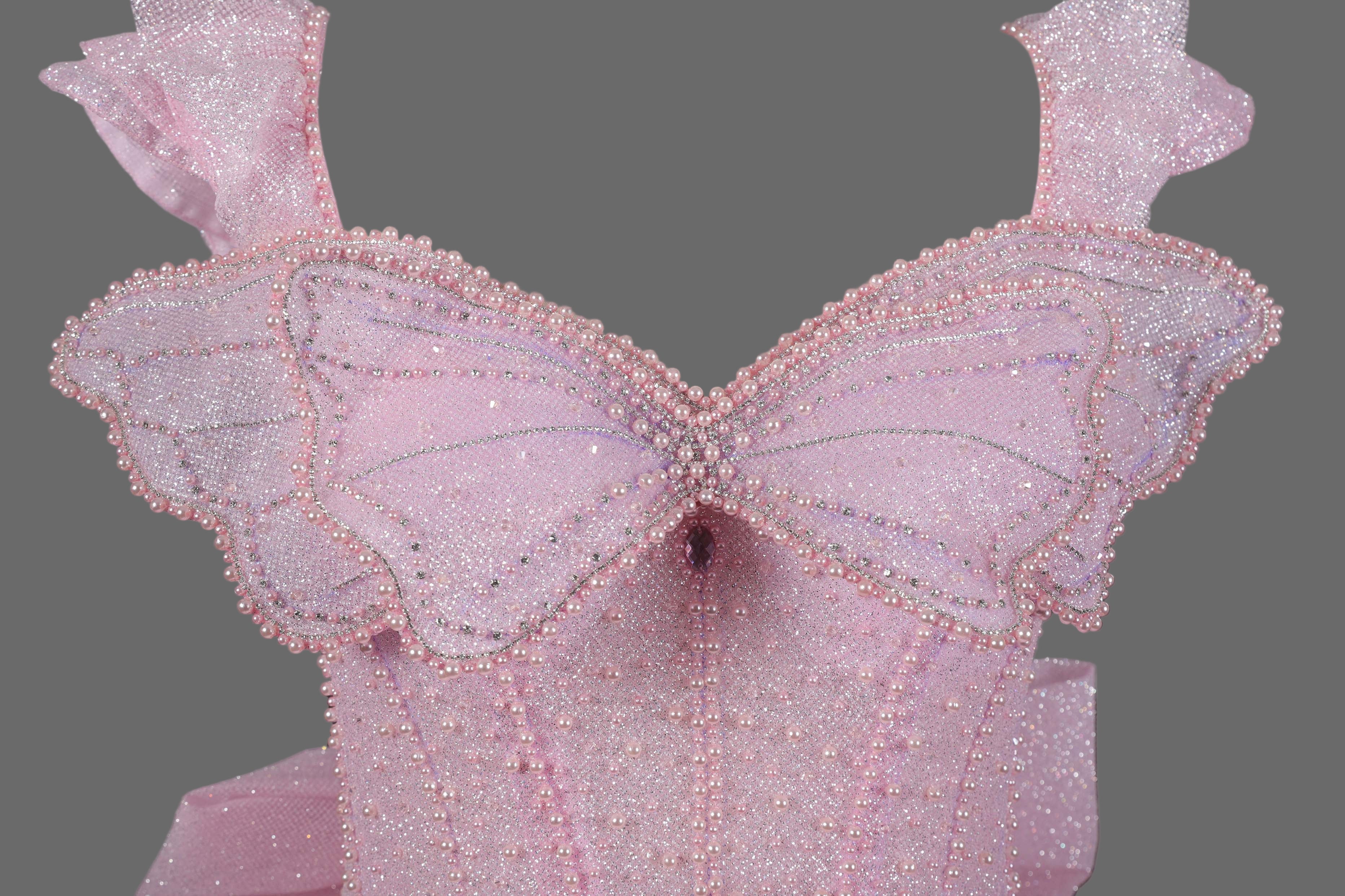 Pink Sparkle Ball Gown Wedding Dress with Ruffled Off-Shoulder Sleeves