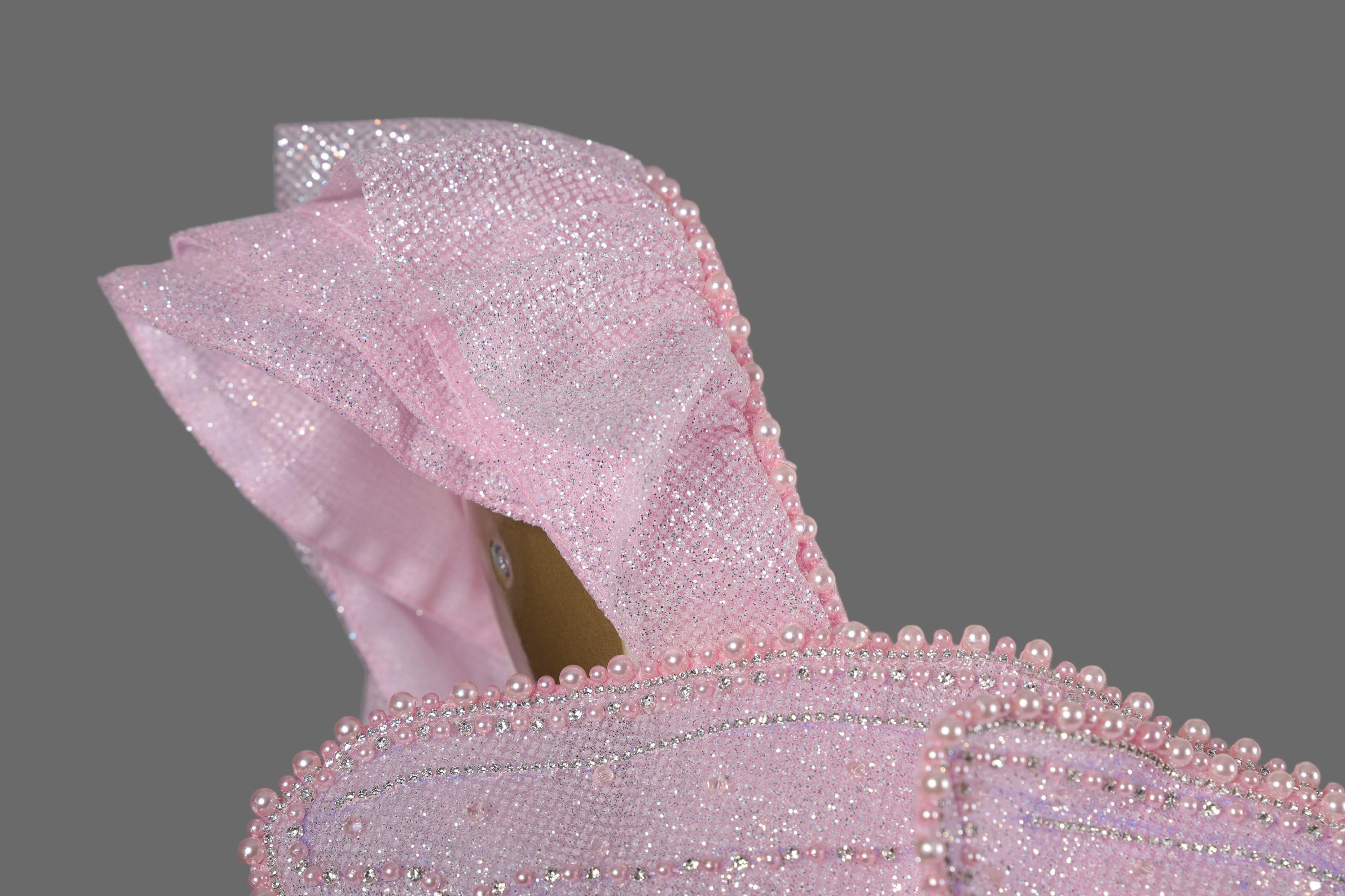 Pink Sparkle Ball Gown Wedding Dress with Ruffled Off-Shoulder Sleeves