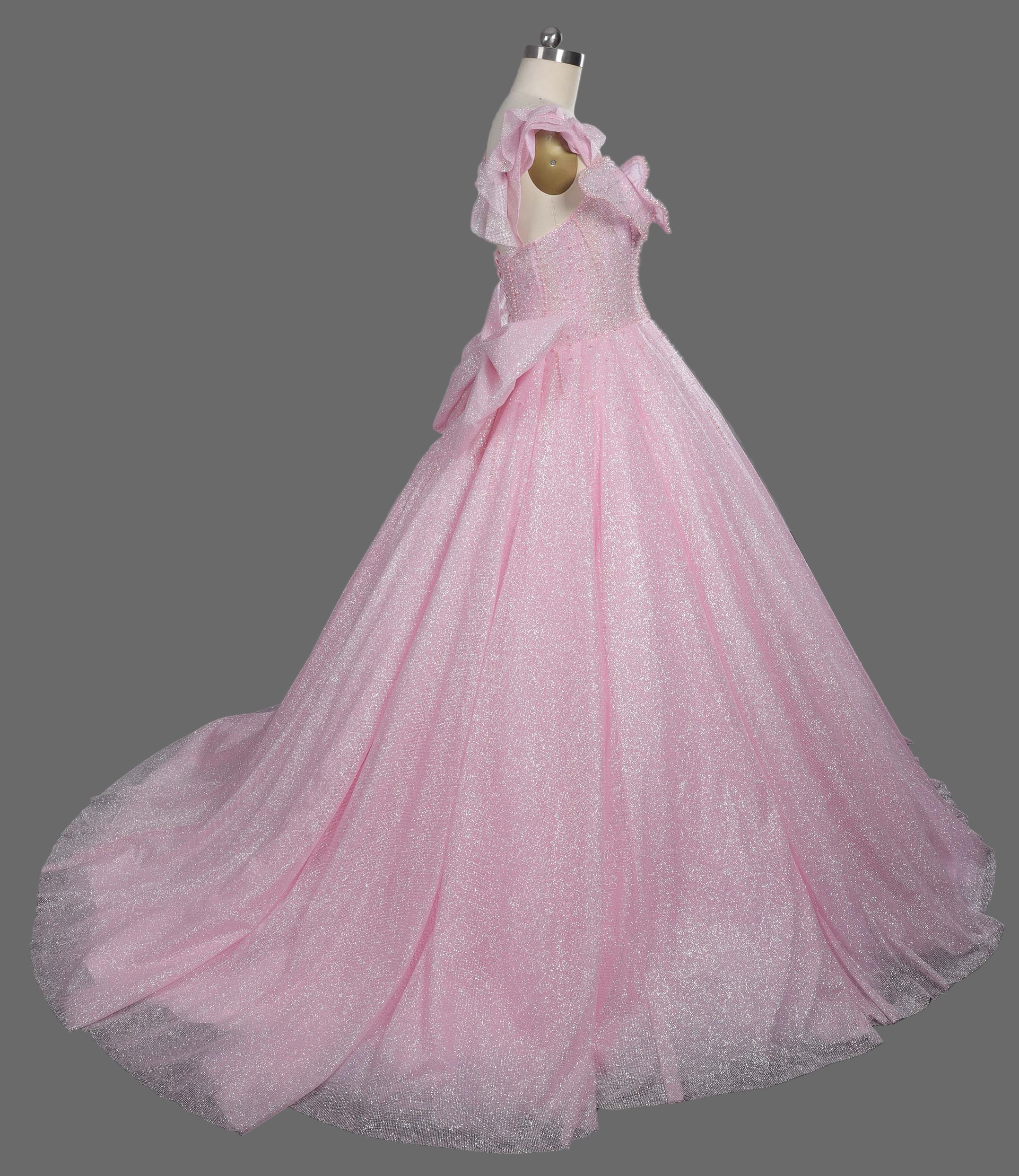 Pink Sparkle Ball Gown Wedding Dress with Ruffled Off-Shoulder Sleeves