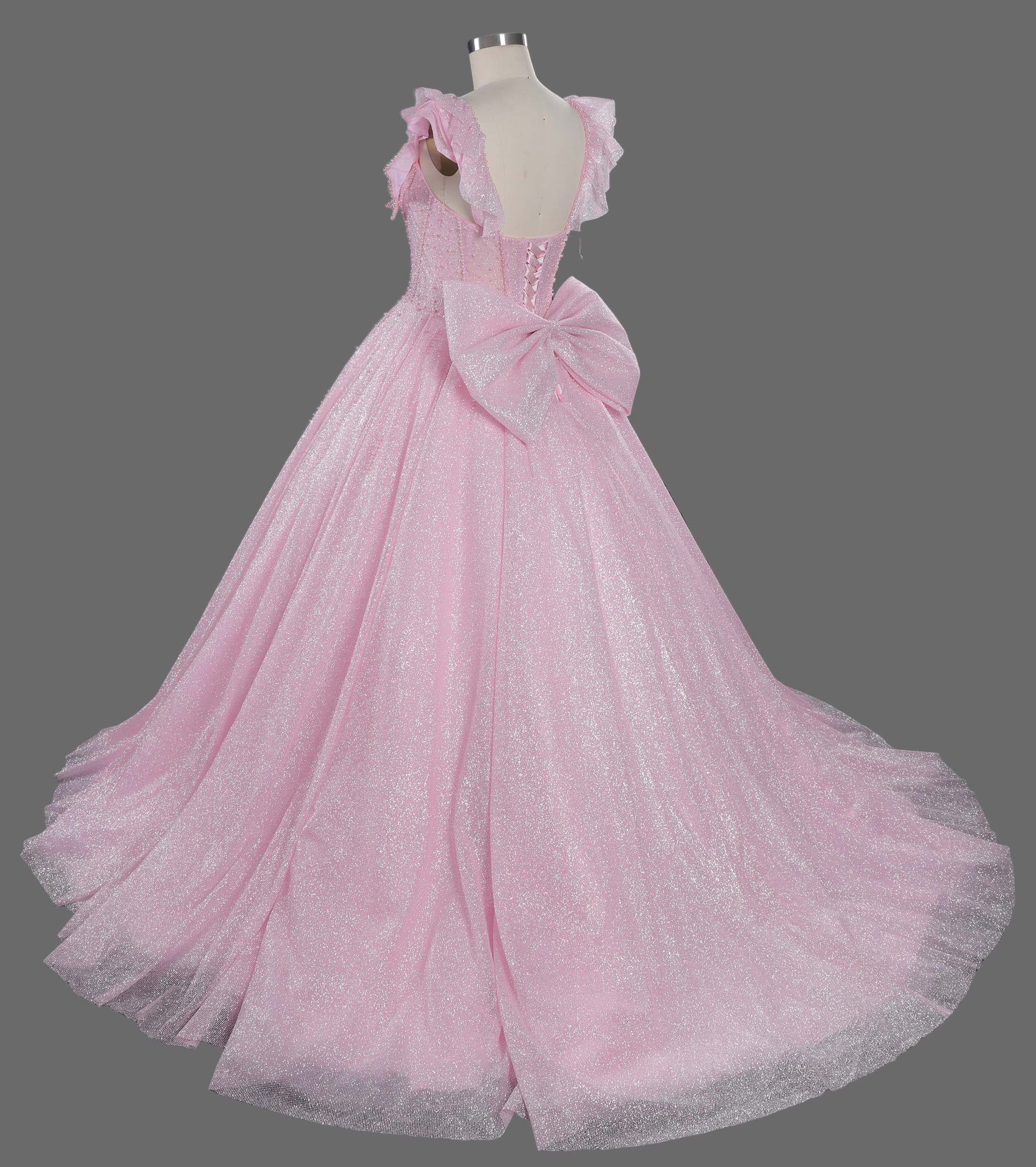 Pink Sparkle Ball Gown Wedding Dress with Ruffled Off-Shoulder Sleeves