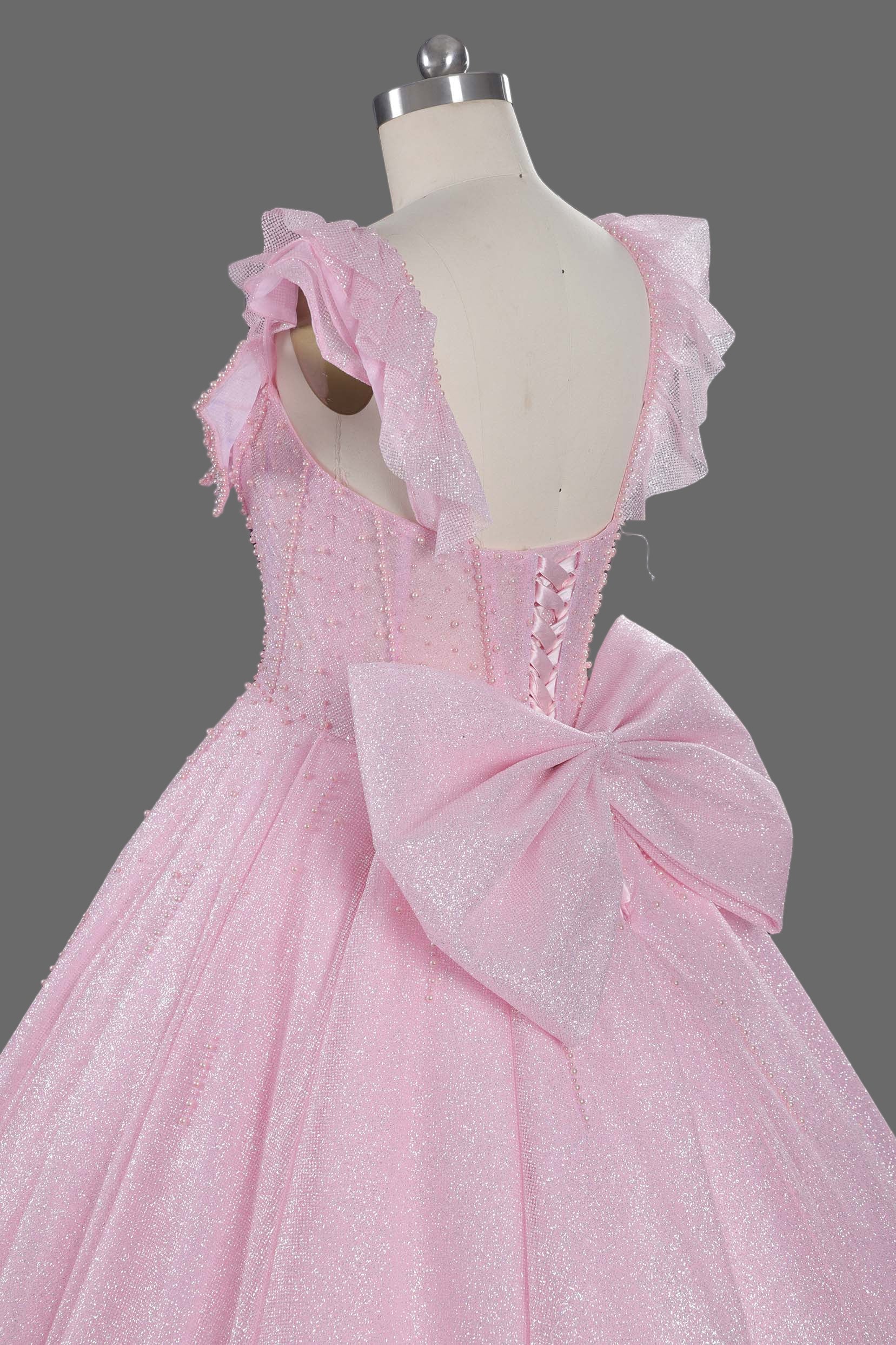 Pink Sparkle Ball Gown Wedding Dress with Ruffled Off-Shoulder Sleeves