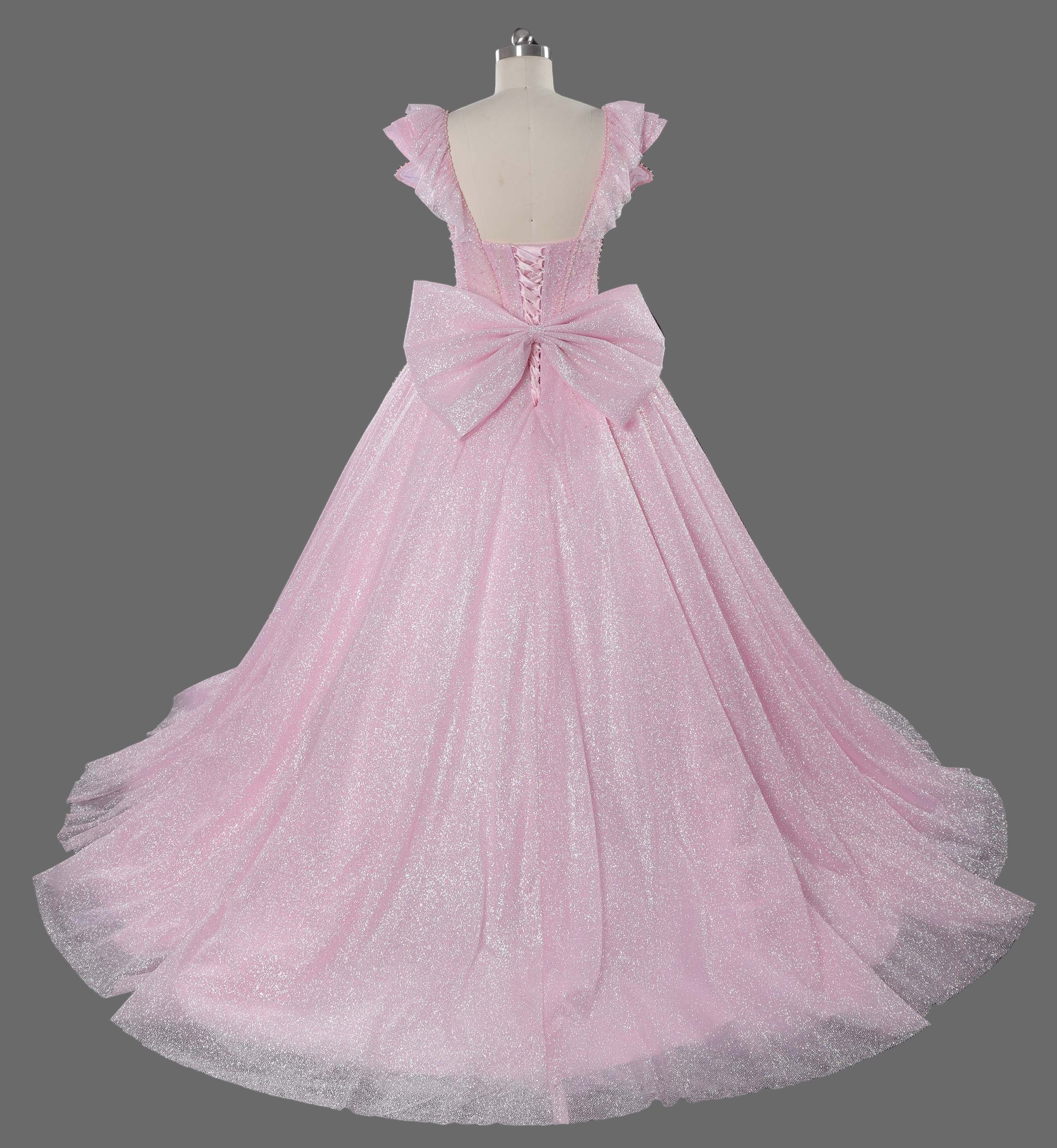 Pink Sparkle Ball Gown Wedding Dress with Ruffled Off-Shoulder Sleeves