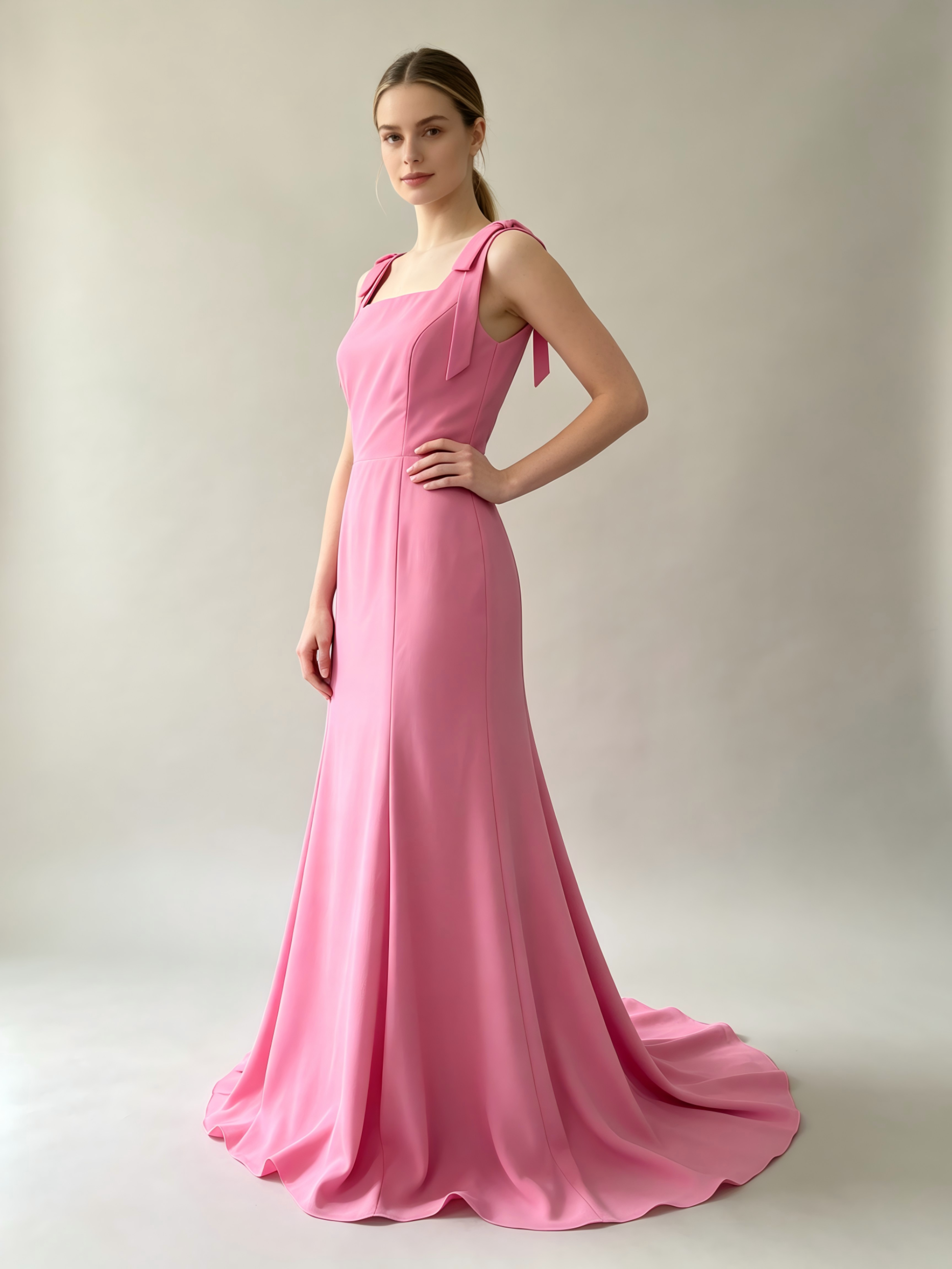 Pink V-Neck Sleeveless Bridesmaid Dress with Button Back