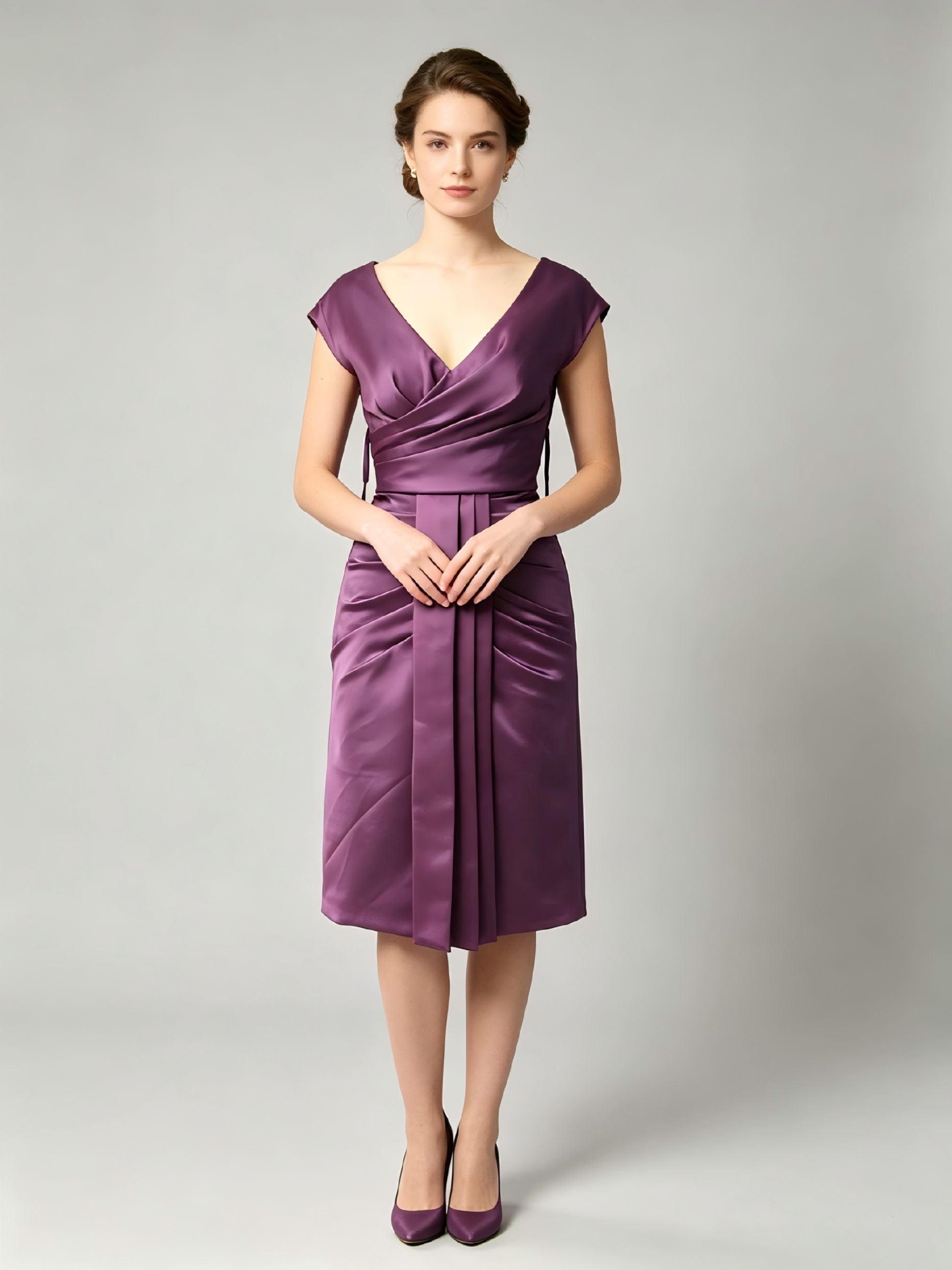 Plum Purple Mother of the Bride Dress - V-Neck Cap Sleeve Ruched Knee Length Gown