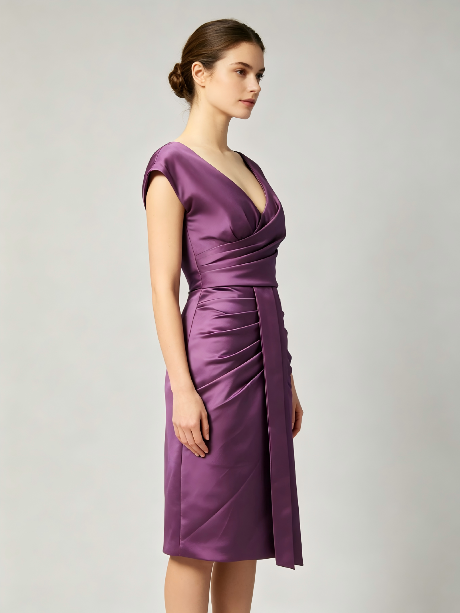 Plum Purple Mother of the Bride Dress - V-Neck Cap Sleeve Ruched Knee Length Gown