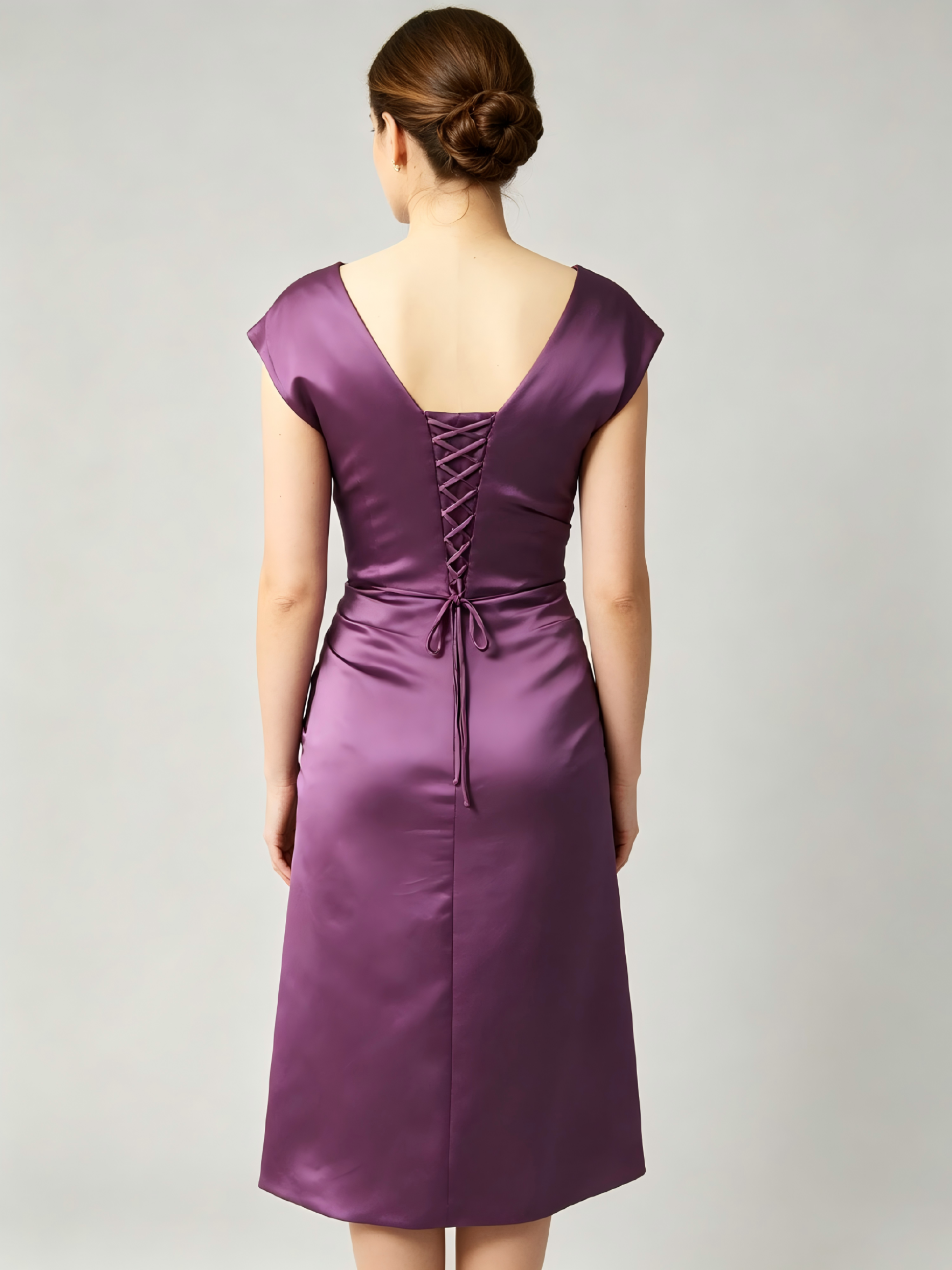 Plum Purple Mother of the Bride Dress - V-Neck Cap Sleeve Ruched Knee Length Gown