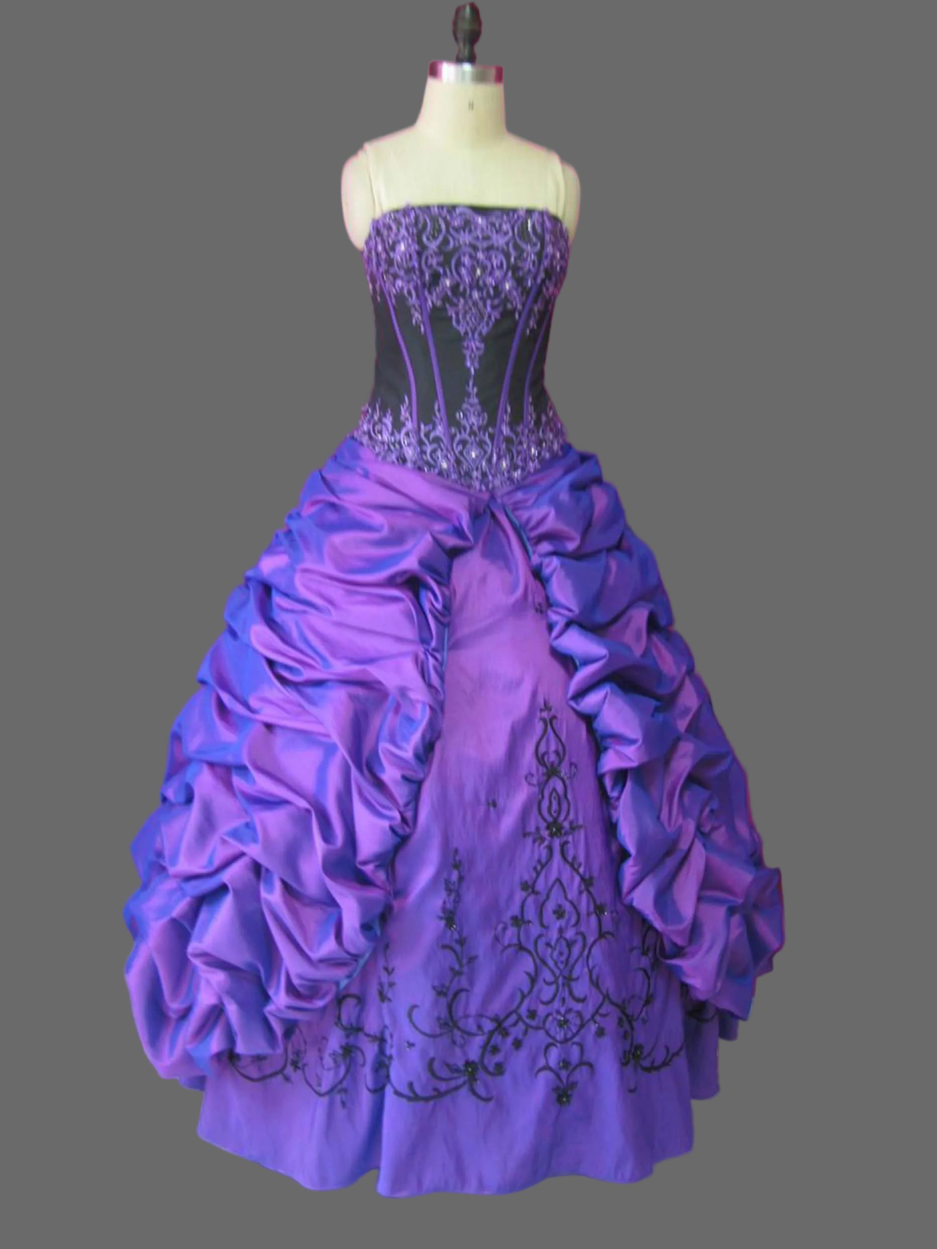 Purple and Black Quinceanera Ball Gown with Embroidered Corset & Ruched Taffeta Pick-Up Skirt