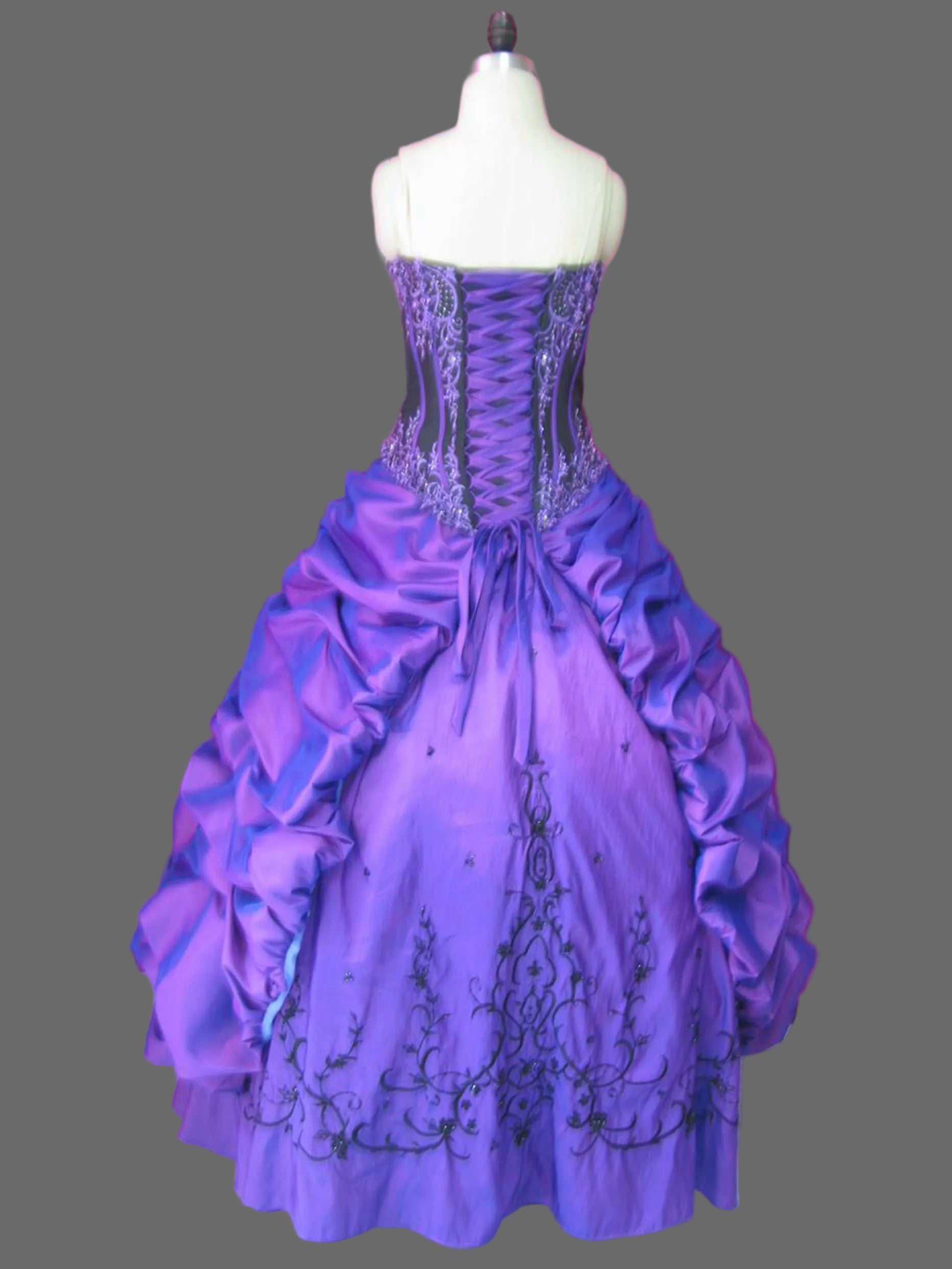 Purple and Black Quinceanera Ball Gown with Embroidered Corset & Ruched Taffeta Pick-Up Skirt