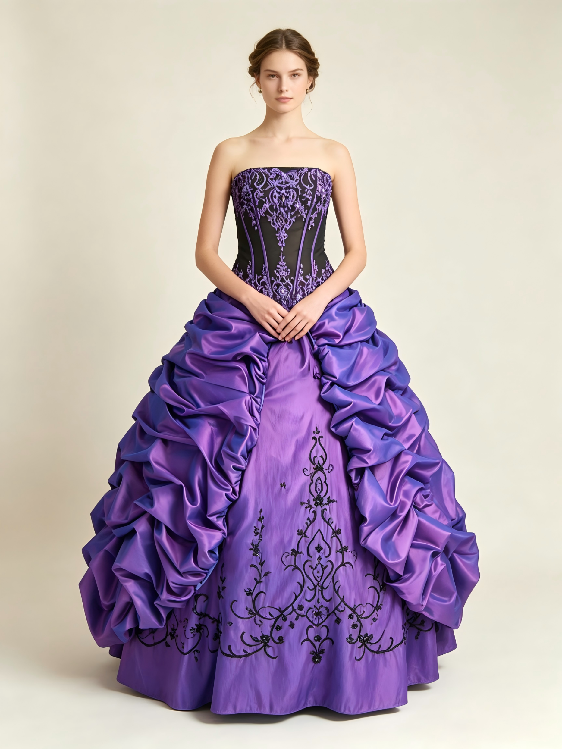 Purple and Black Quinceanera Ball Gown with Embroidered Corset & Ruched Taffeta Pick-Up Skirt