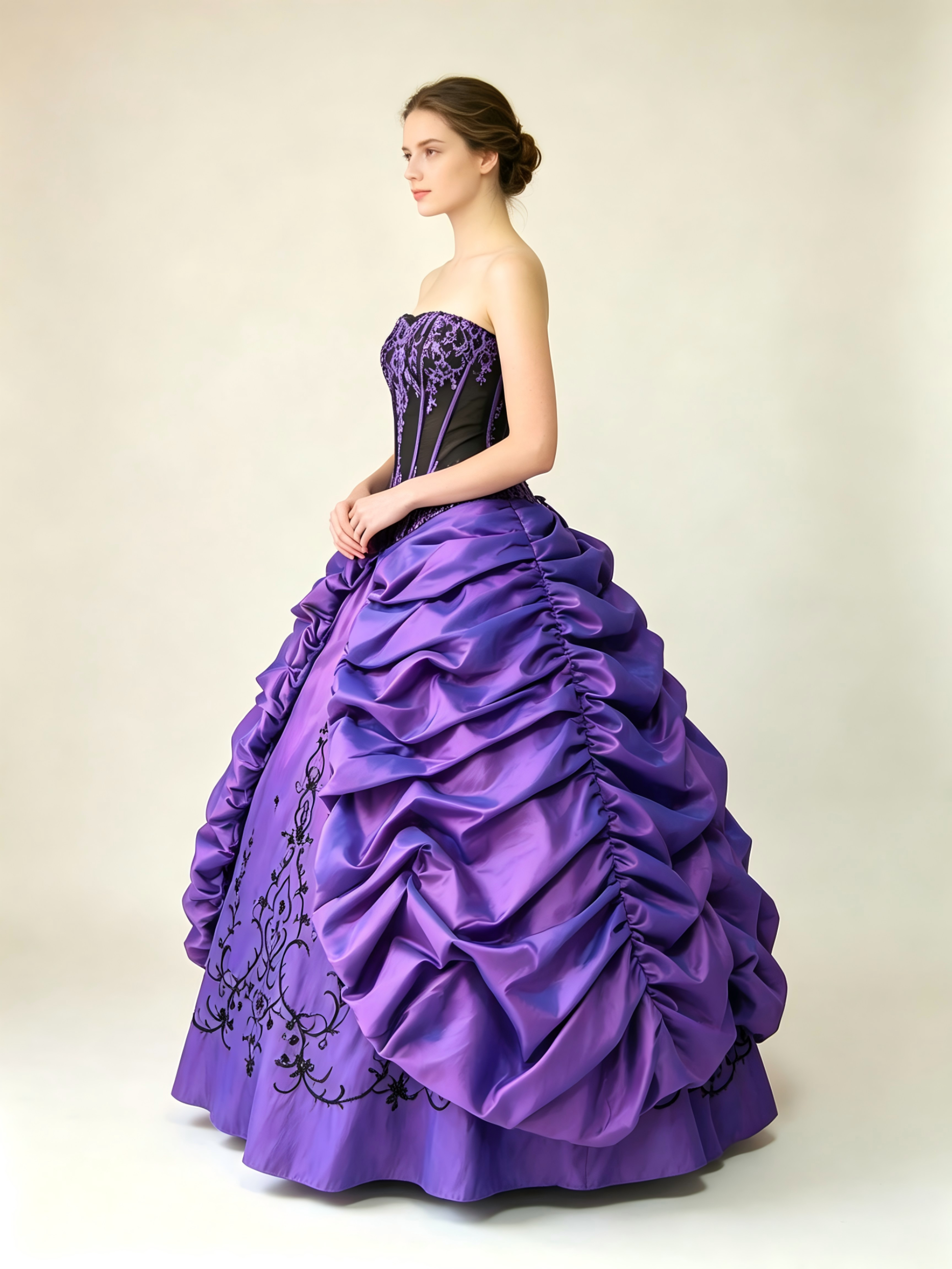 Purple and Black Quinceanera Ball Gown with Embroidered Corset & Ruched Taffeta Pick-Up Skirt