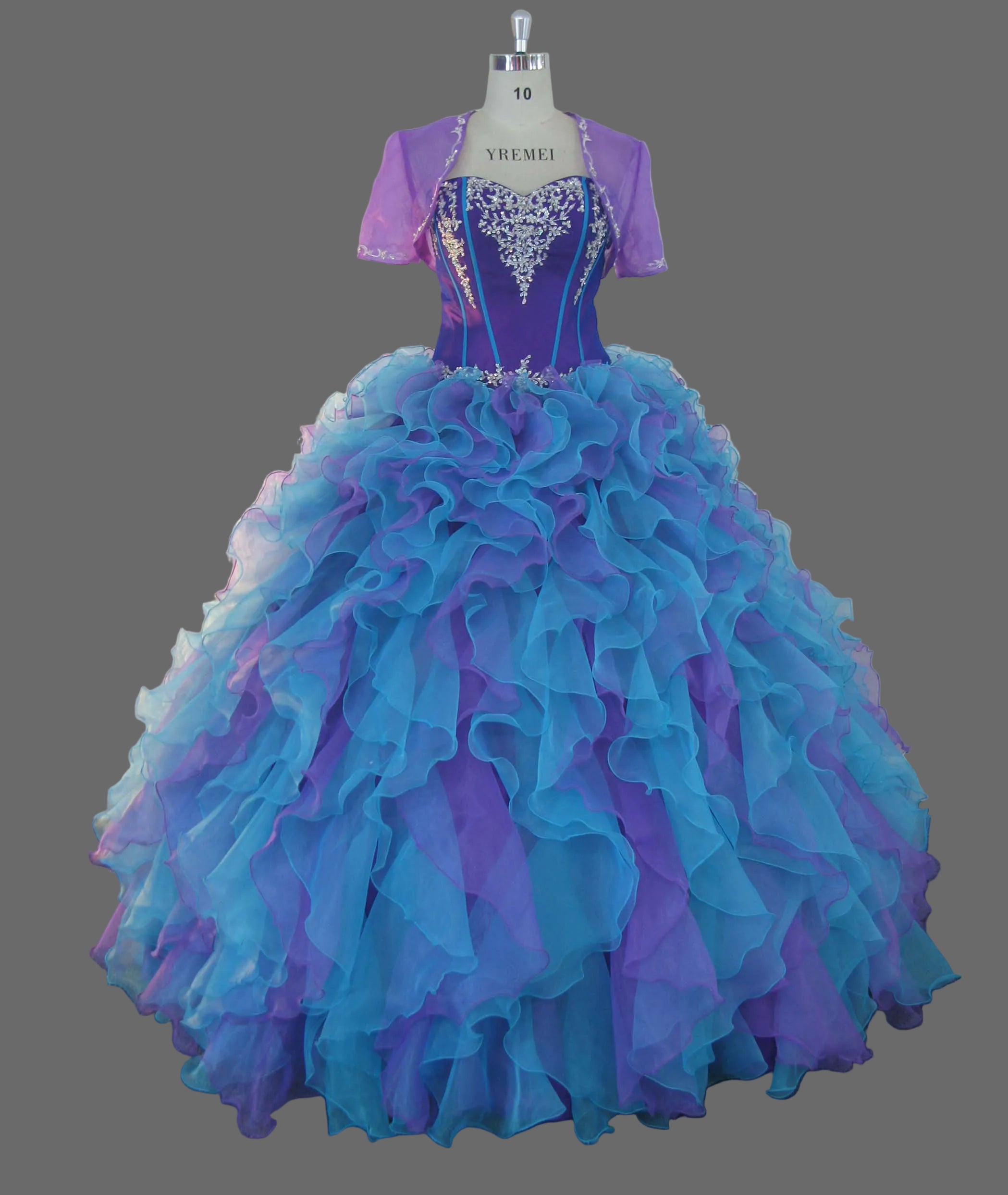 Purple and Blue Quinceanera Dress with Jacket Sweetheart Beaded Lace Applique Organza Ruffle Ball Gown Prom Sweet Sixteen Formal Gown