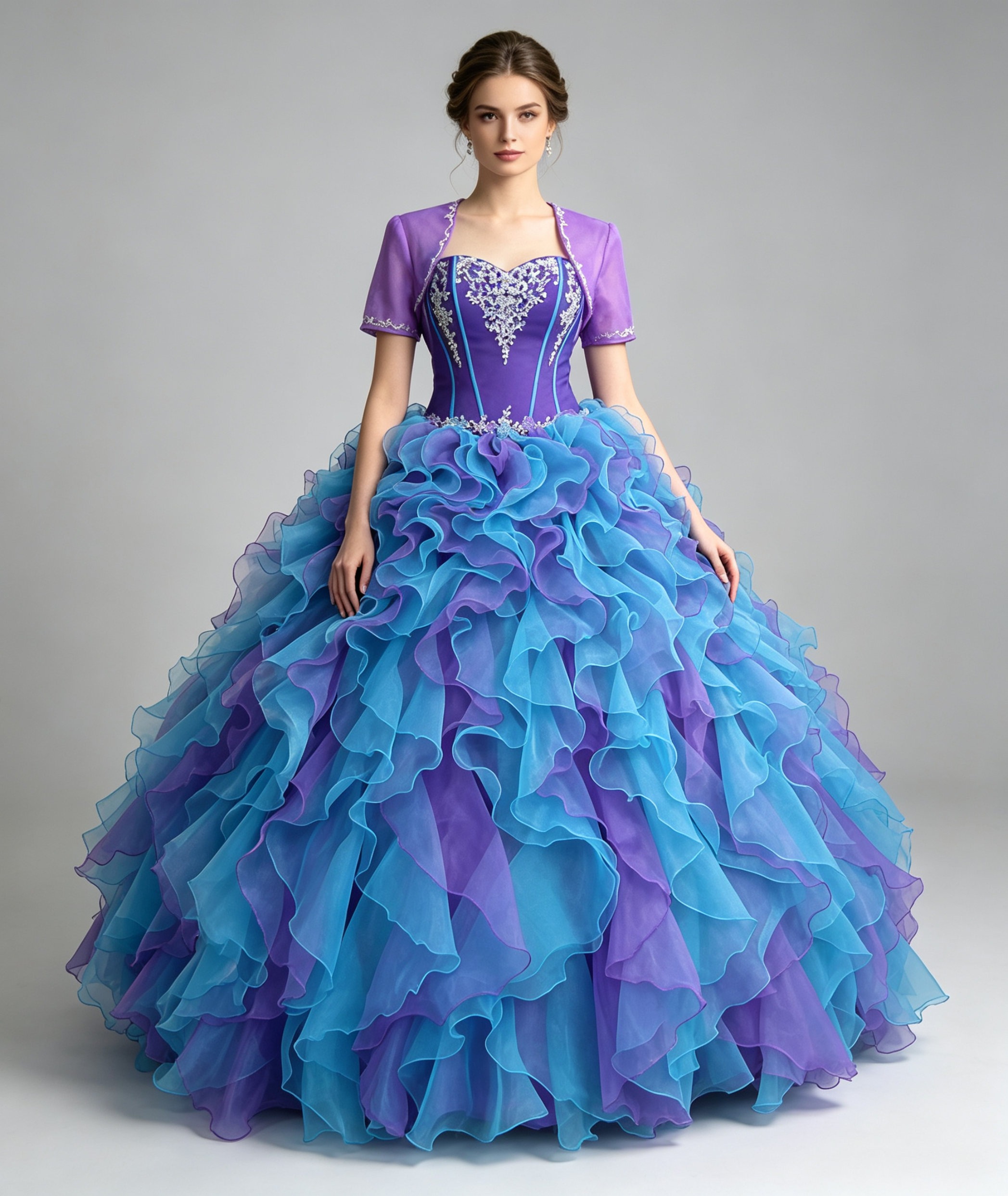 Purple and Blue Quinceanera Dress with Jacket Sweetheart Beaded Lace Applique Organza Ruffle Ball Gown Prom Sweet Sixteen Formal Gown