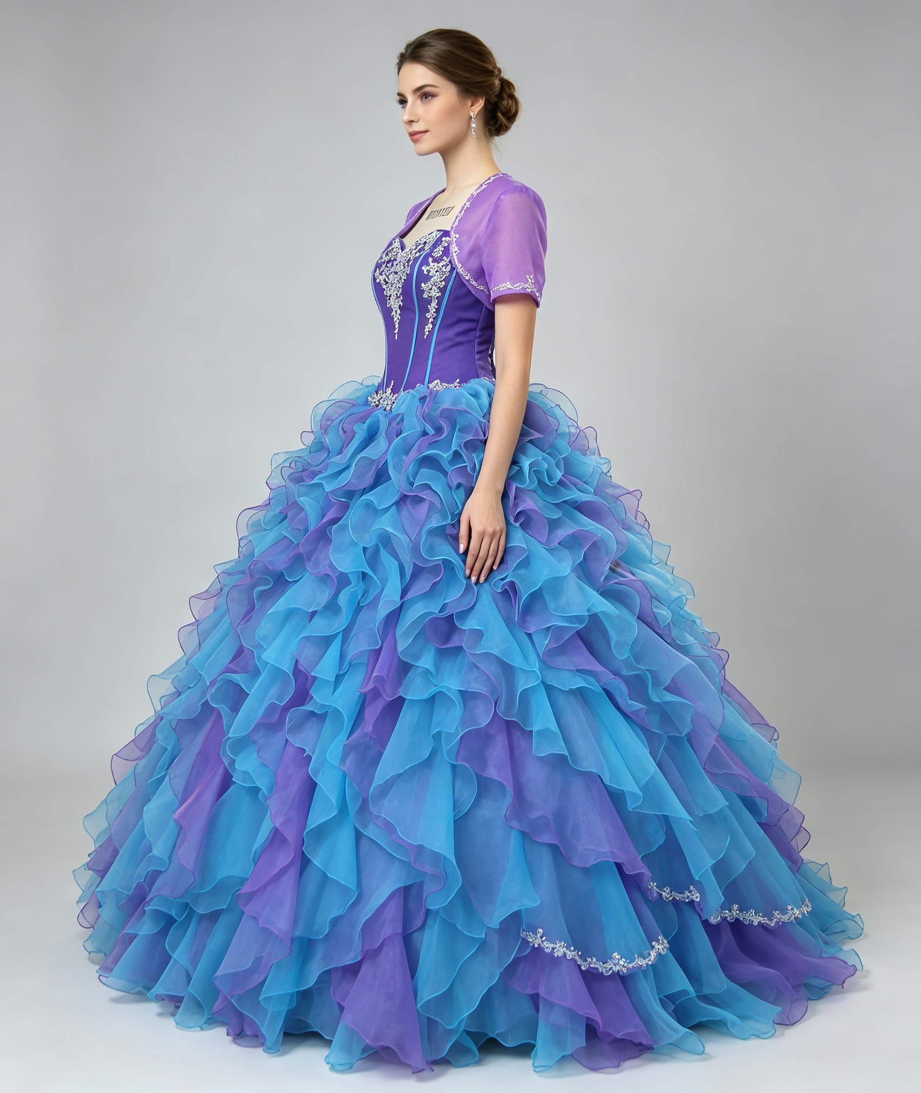 Purple and Blue Quinceanera Dress with Jacket Sweetheart Beaded Lace Applique Organza Ruffle Ball Gown Prom Sweet Sixteen Formal Gown