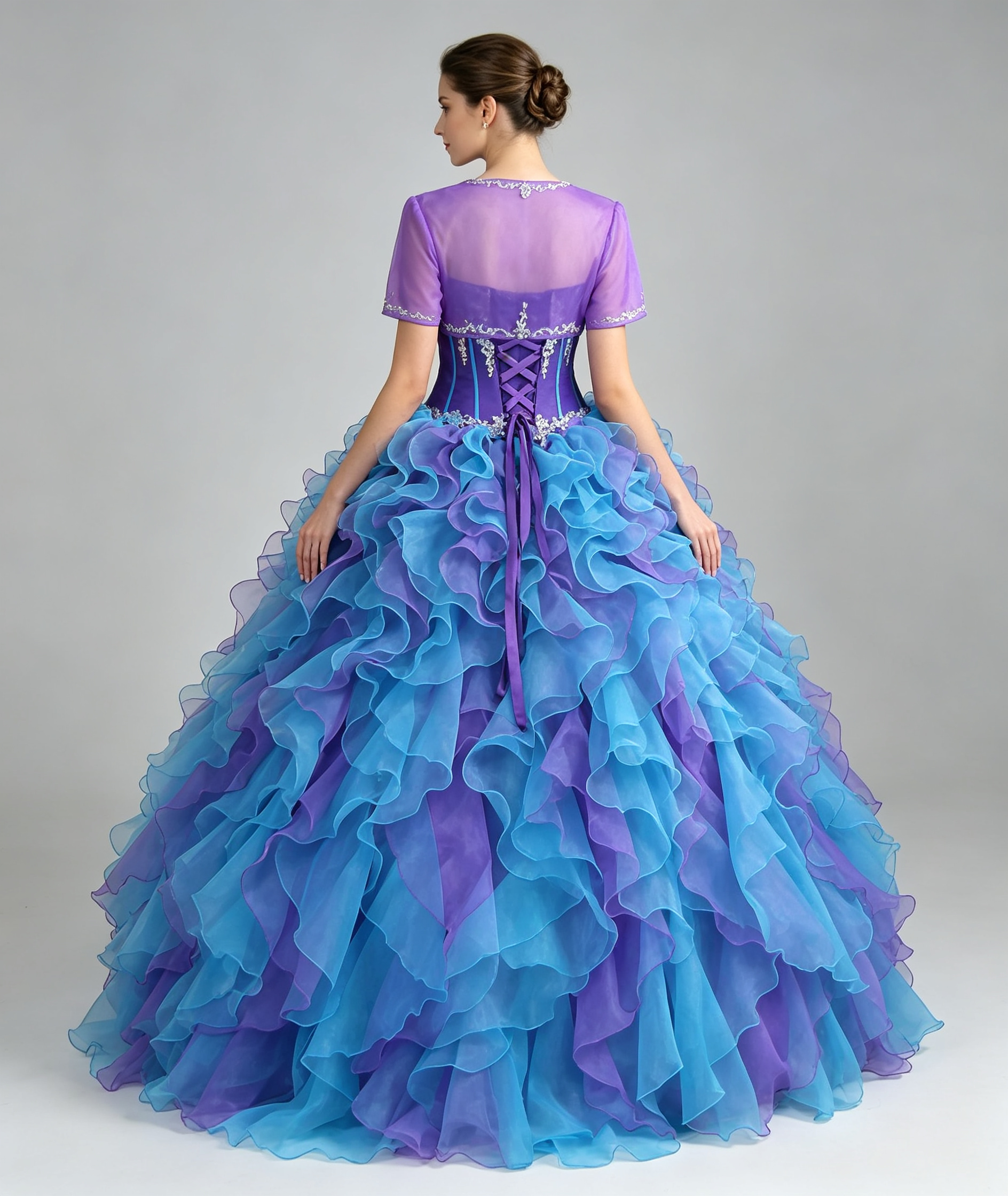 Purple and Blue Quinceanera Dress with Jacket Sweetheart Beaded Lace Applique Organza Ruffle Ball Gown Prom Sweet Sixteen Formal Gown