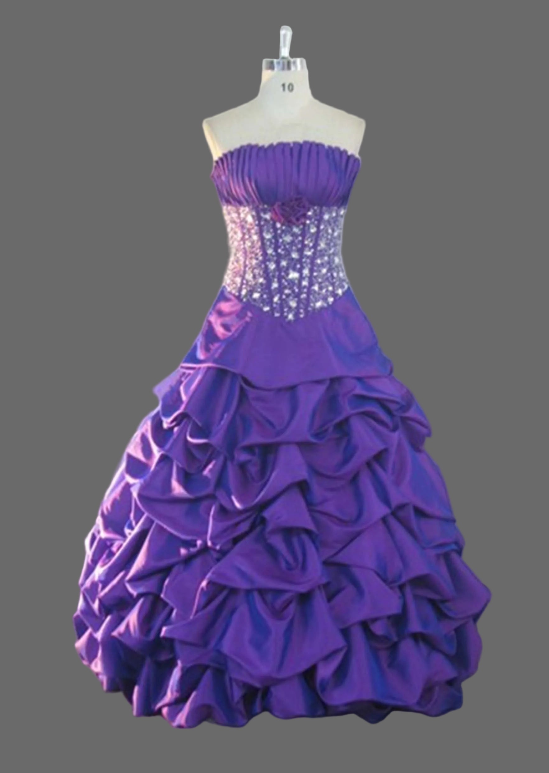 Purple Quinceanera Ball Gown with Crystal Beaded Corset & Ruched Taffeta Pick-Up Skirt