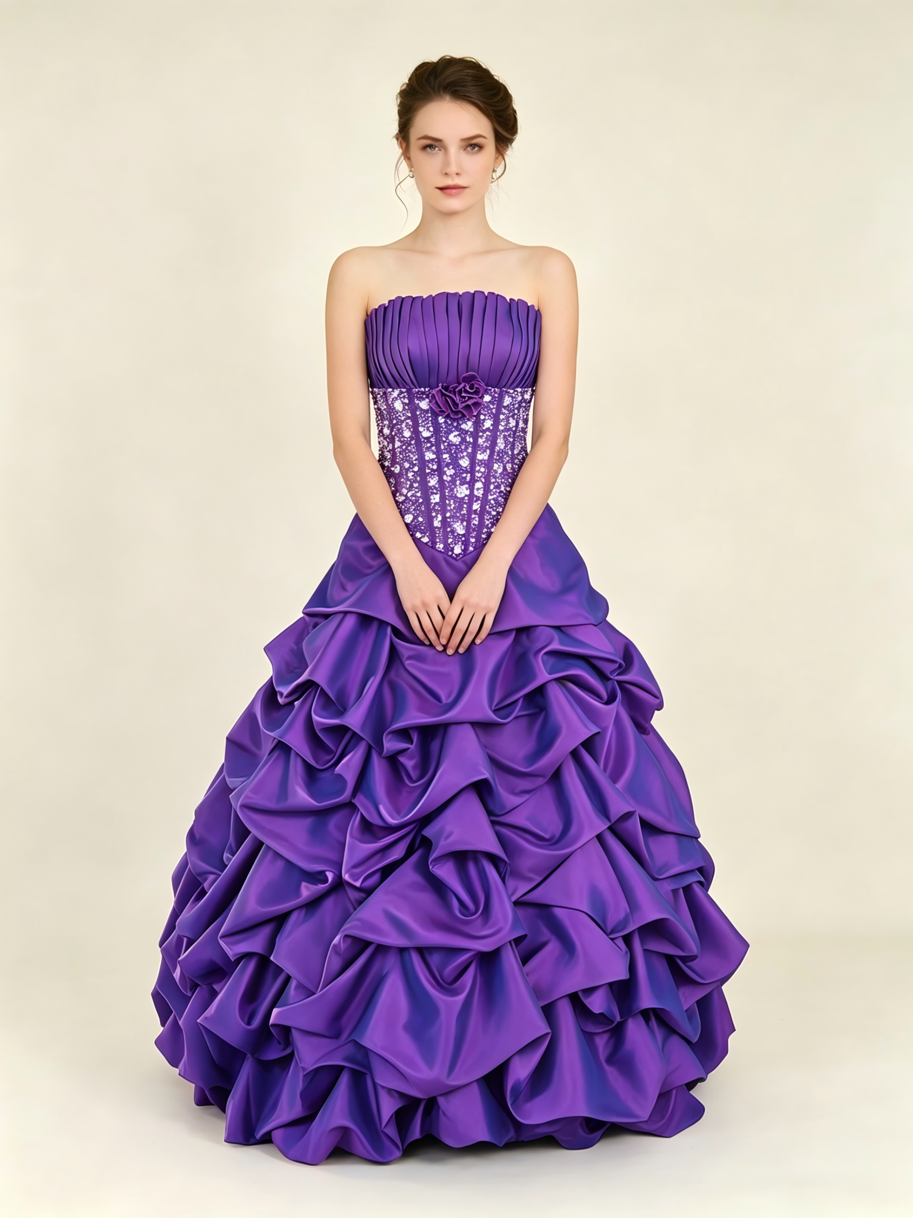 Purple Quinceanera Ball Gown with Crystal Beaded Corset & Ruched Taffeta Pick-Up Skirt
