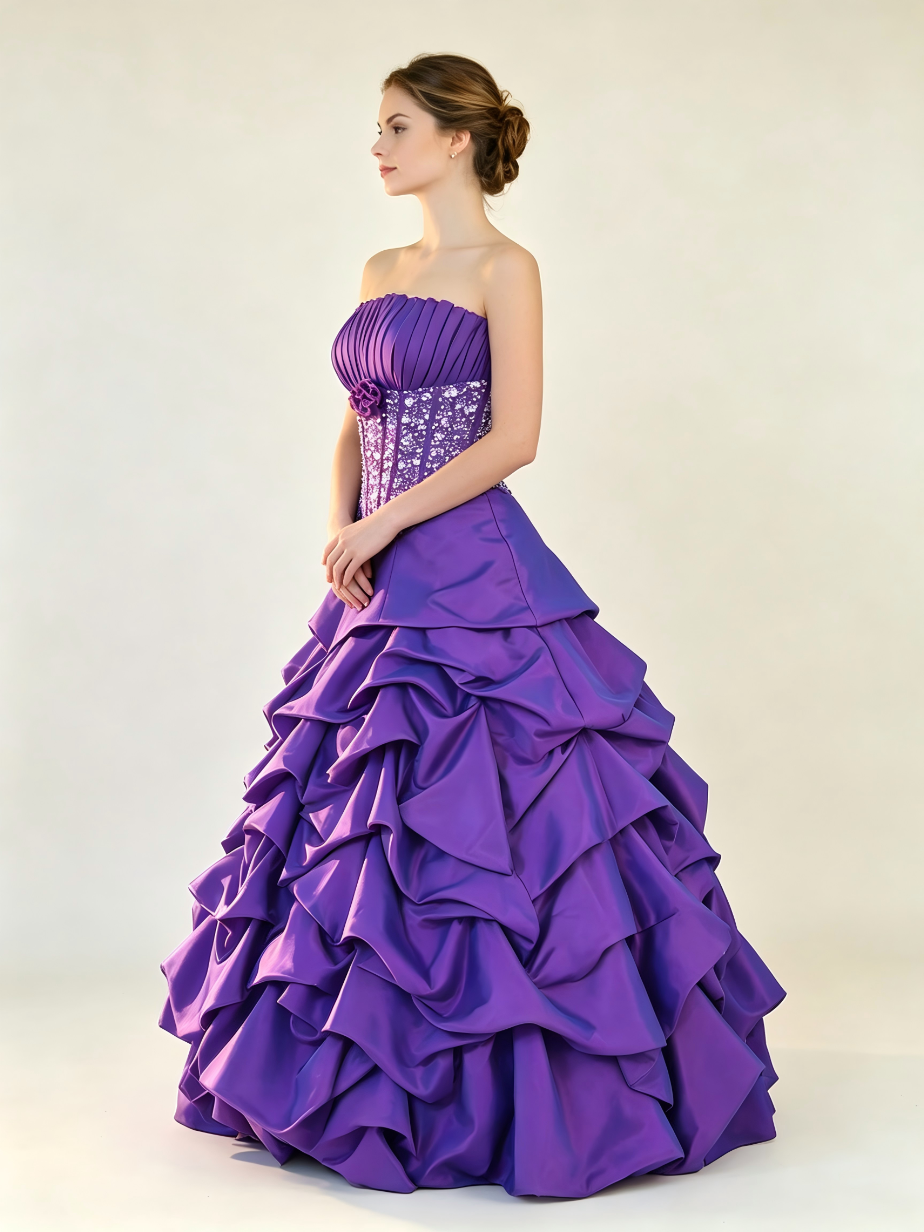 Purple Quinceanera Ball Gown with Crystal Beaded Corset & Ruched Taffeta Pick-Up Skirt