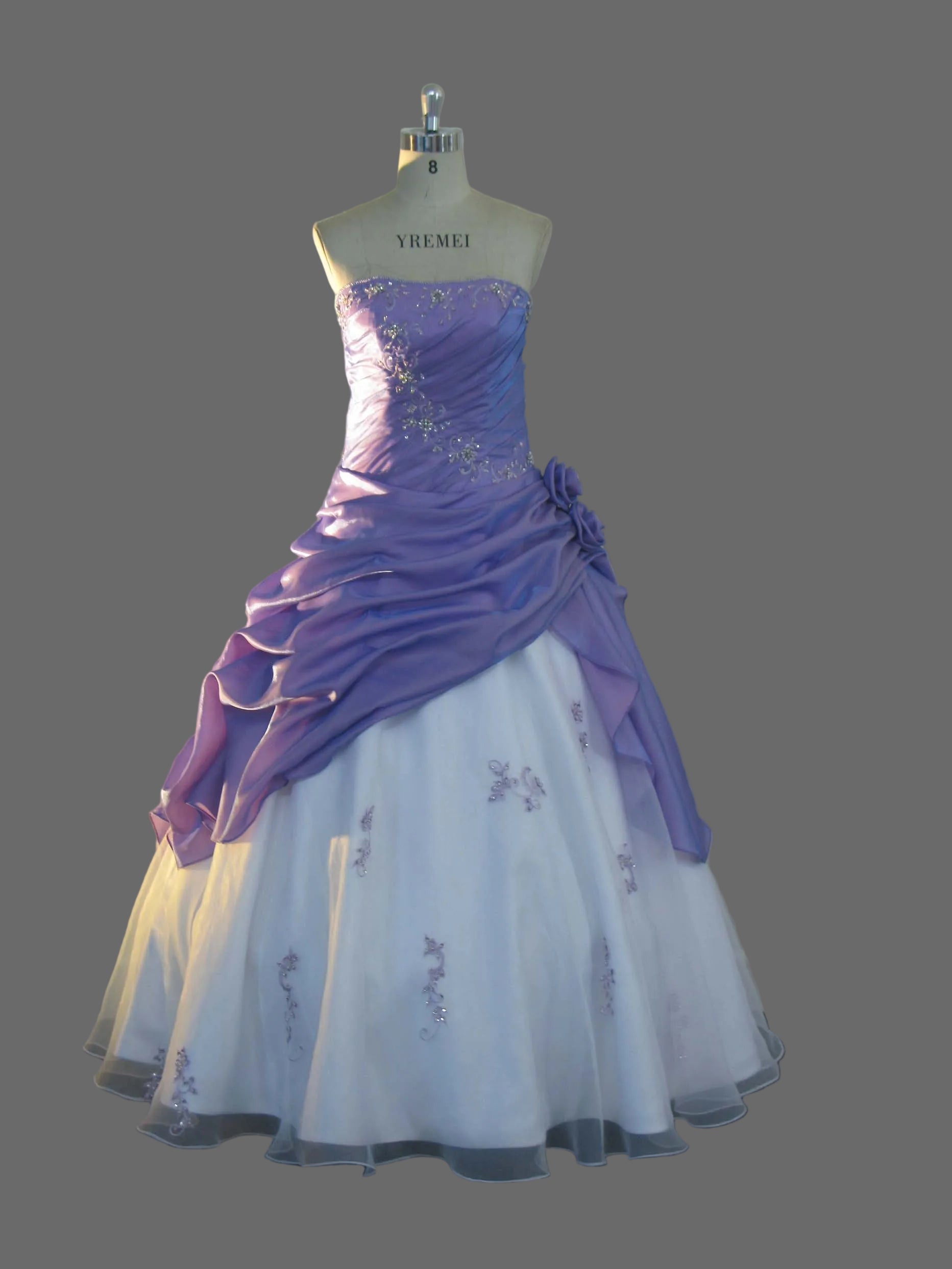 Purple White Two-Tone Ball Gown Strapless Taffeta Ruched Bodice Organza Skirt Floral Rosette Wedding Dress Quinceanera Prom Gown
