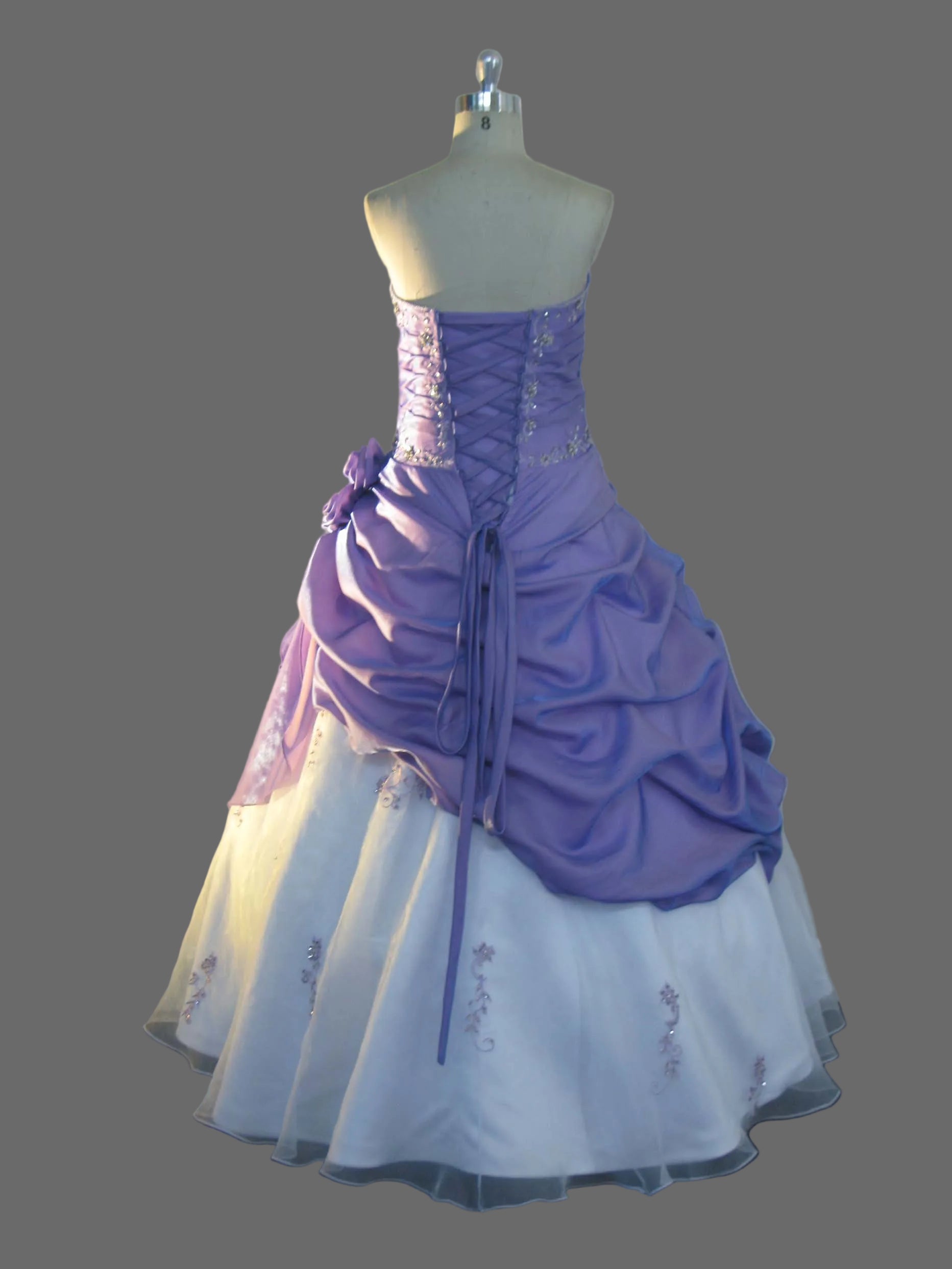 Purple White Two-Tone Ball Gown Strapless Taffeta Ruched Bodice Organza Skirt Floral Rosette Wedding Dress Quinceanera Prom Gown