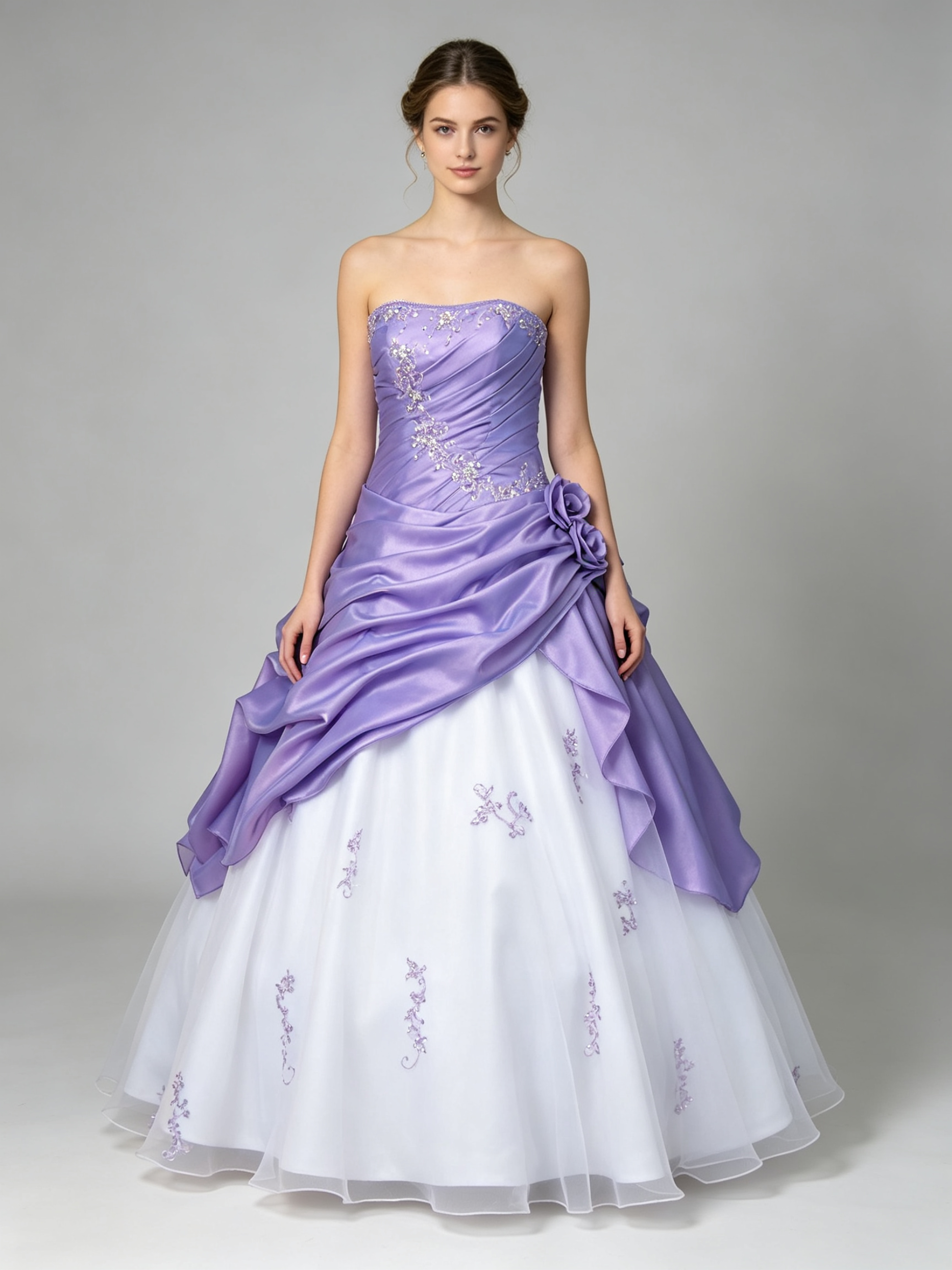 Purple White Two-Tone Ball Gown Strapless Taffeta Ruched Bodice Organza Skirt Floral Rosette Wedding Dress Quinceanera Prom Gown