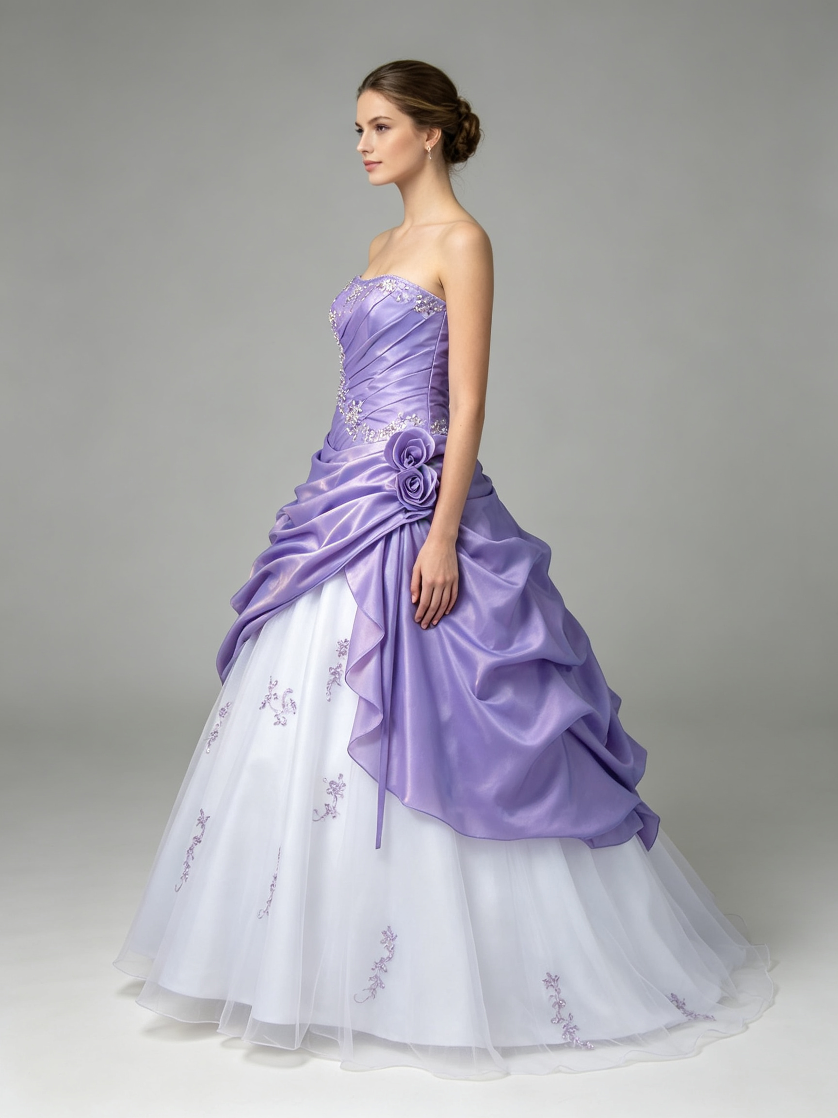 Purple White Two-Tone Ball Gown Strapless Taffeta Ruched Bodice Organza Skirt Floral Rosette Wedding Dress Quinceanera Prom Gown