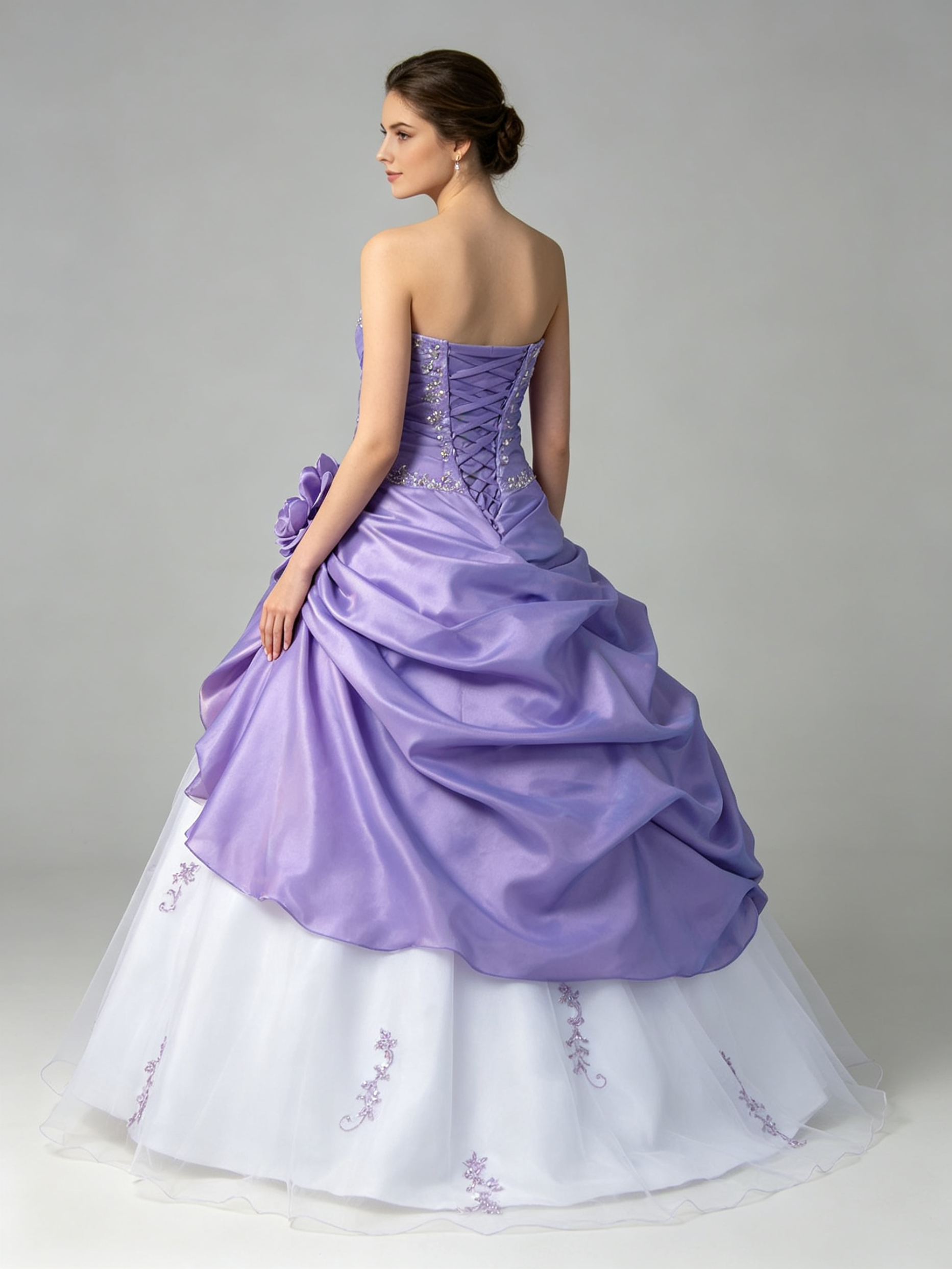 Purple White Two-Tone Ball Gown Strapless Taffeta Ruched Bodice Organza Skirt Floral Rosette Wedding Dress Quinceanera Prom Gown