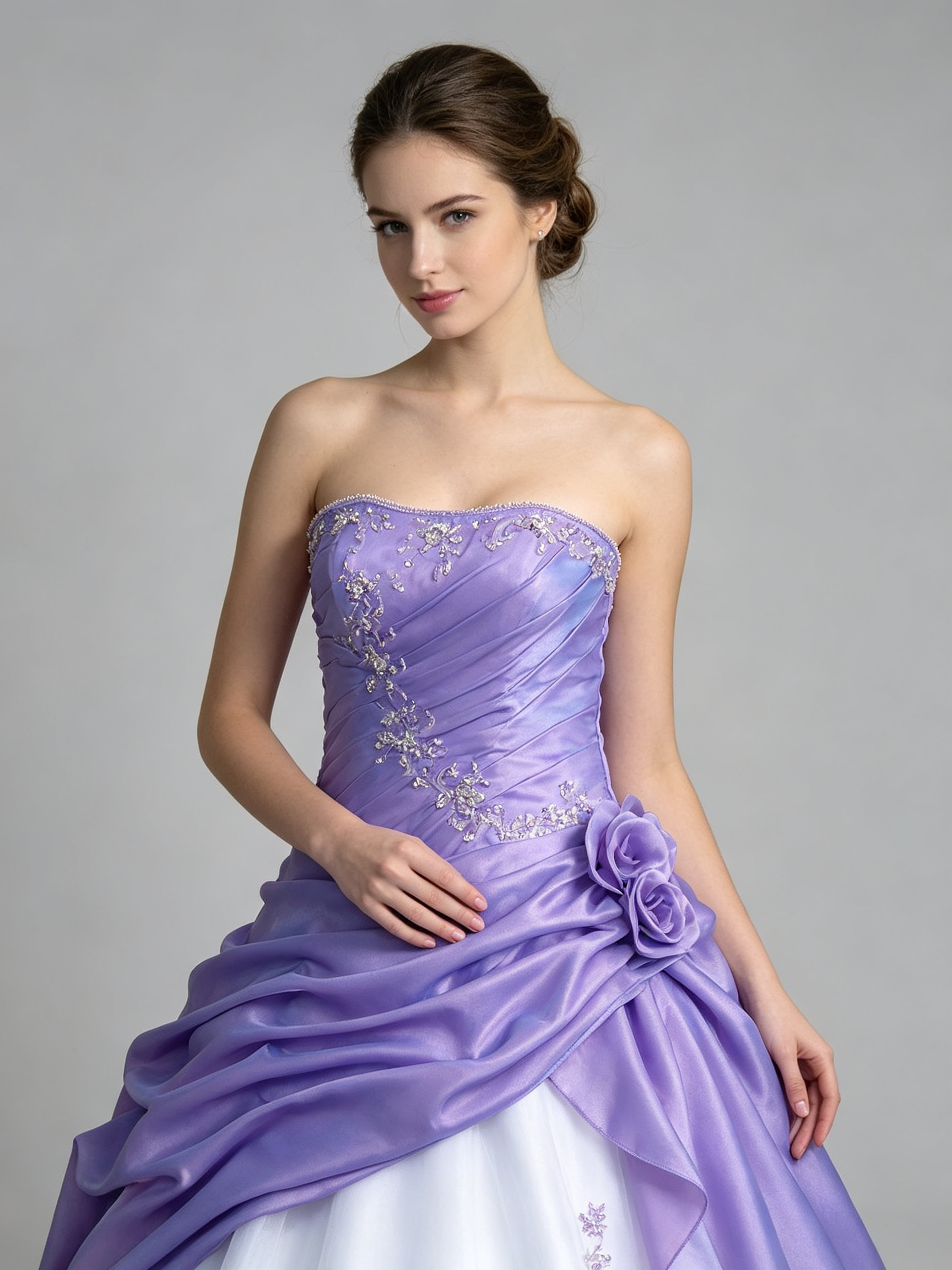 Purple White Two-Tone Ball Gown Strapless Taffeta Ruched Bodice Organza Skirt Floral Rosette Wedding Dress Quinceanera Prom Gown