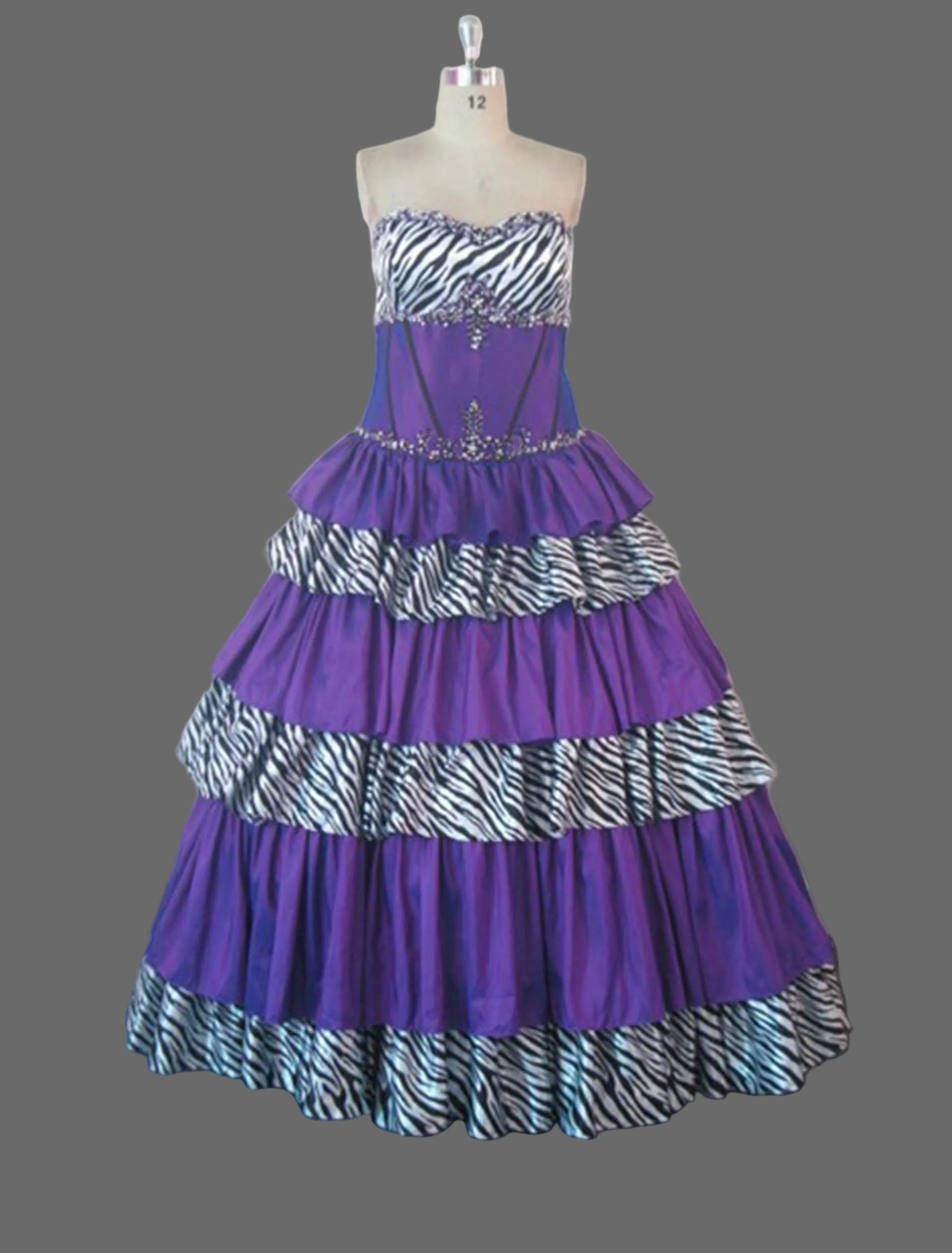 Purple Zebra Print Quinceanera Ball Gown | Strapless Tiered Beaded Dress for Sweet 16 & Prom
